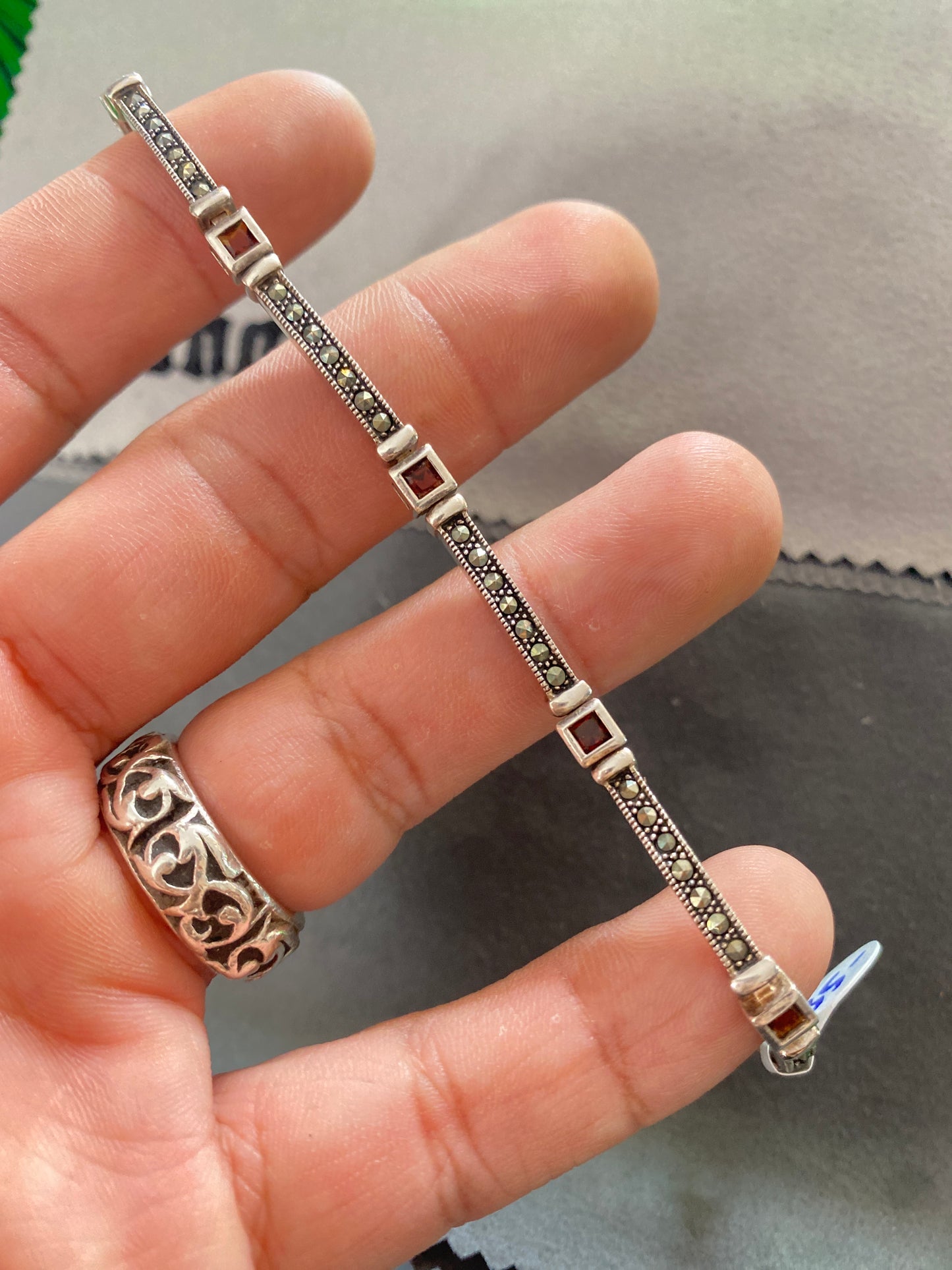 .925 Sterling Silver garnet Bar Link Bracelet Sz 7.5”