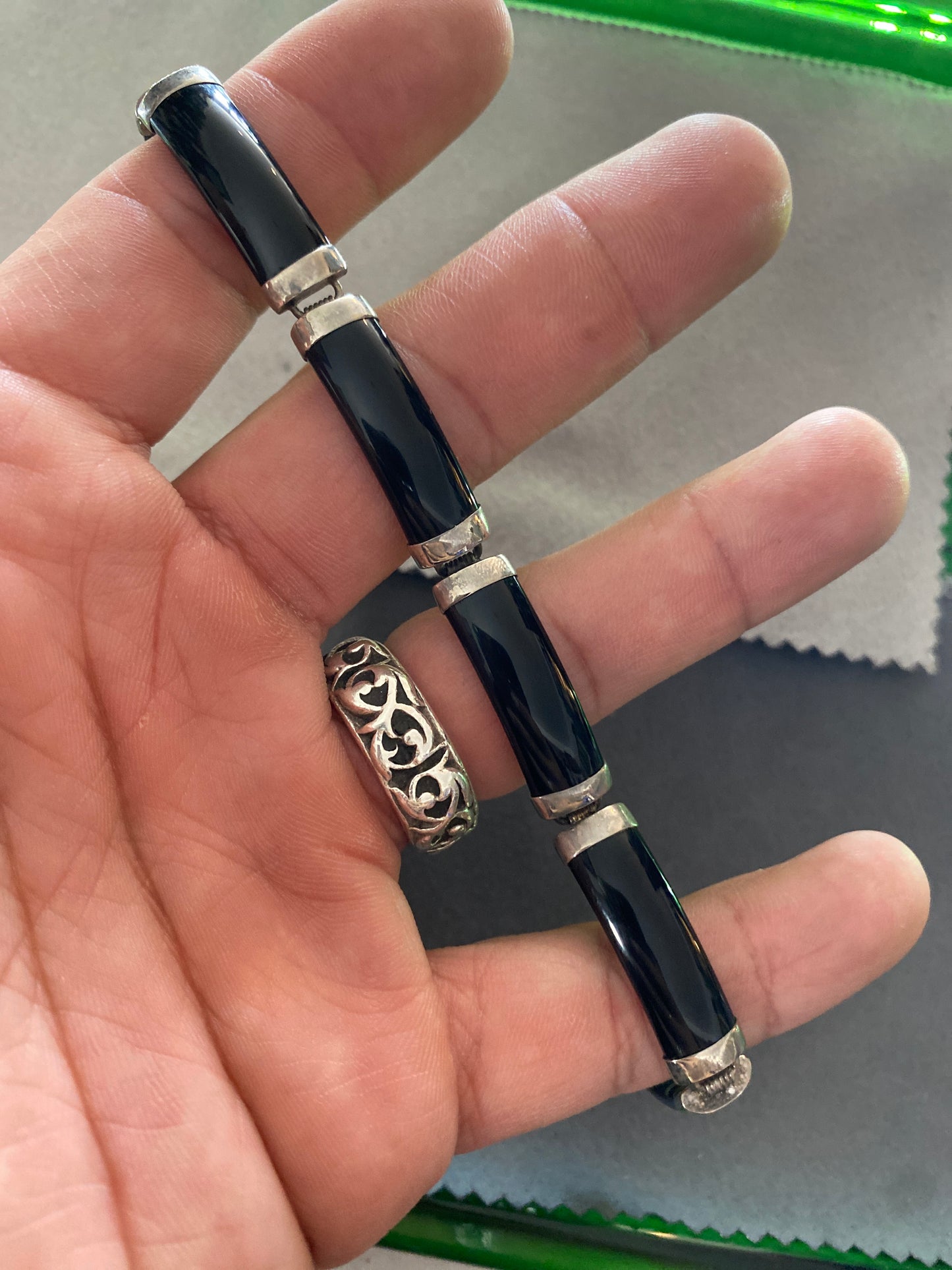 .925 Sterling Silver Onyx Block Blocked Link Bracelet Sz 7”