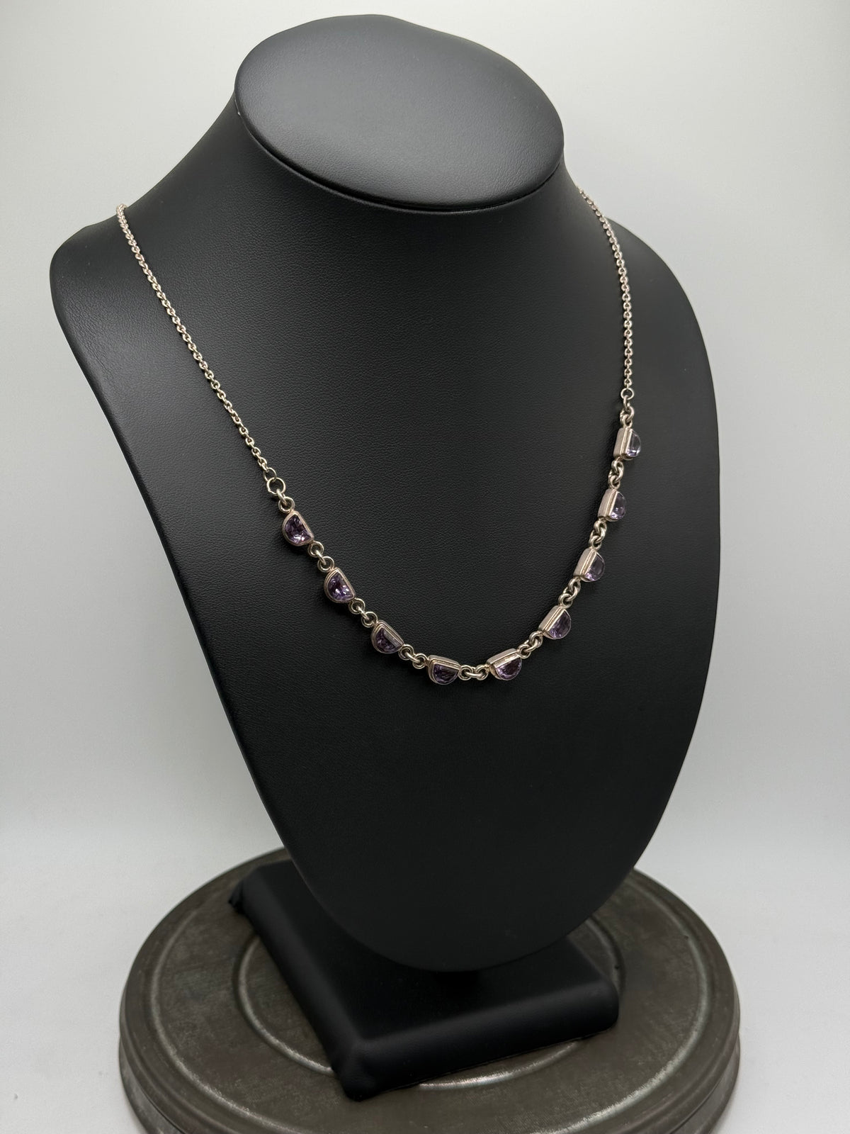 .925 Sterling Silver Purple Gemstone Amethyst Station Necklace – Teardrop Bezel Settings 21”