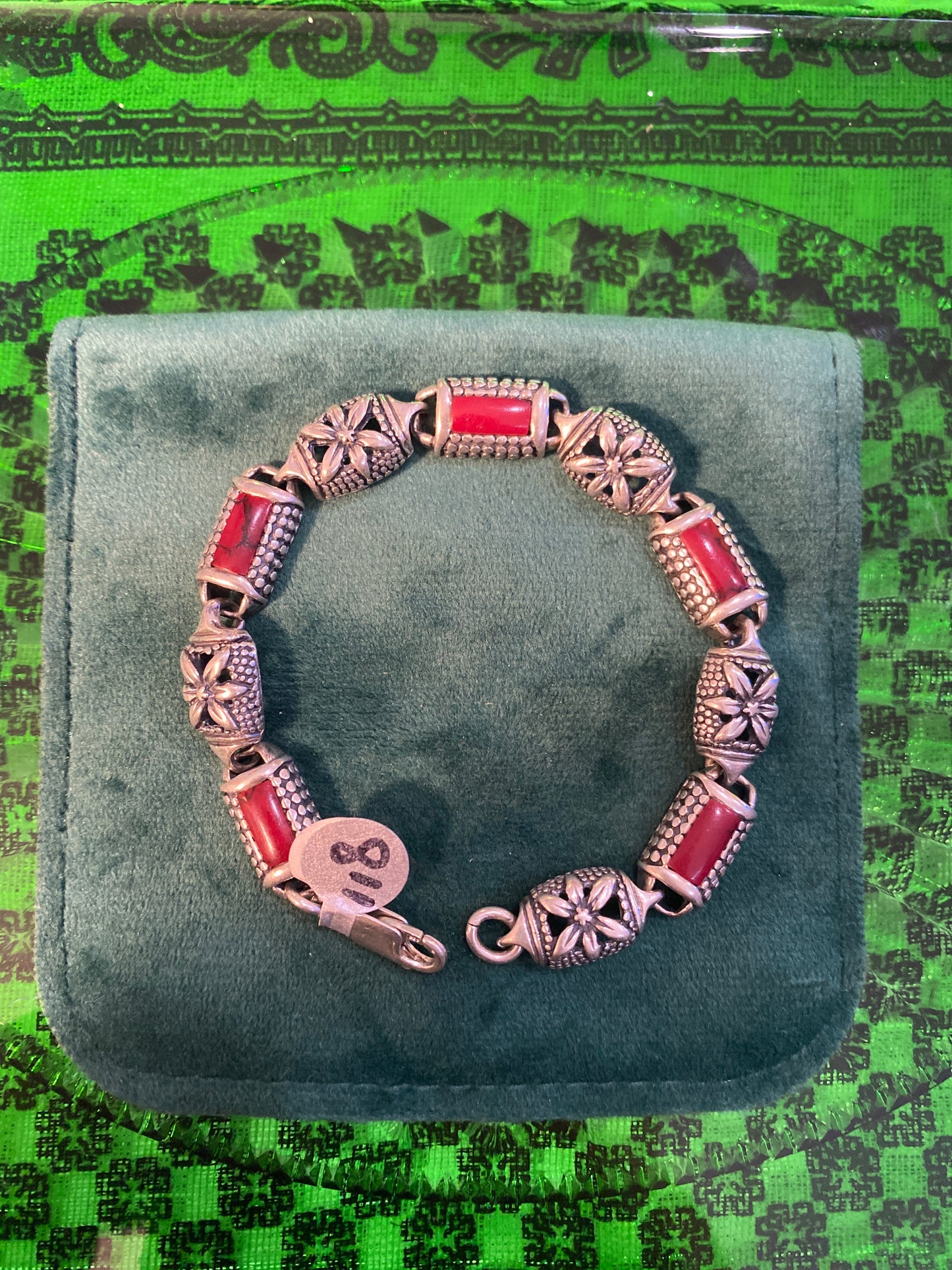 .925 Sterling Silver heavy Red Stone Bracelet 8”