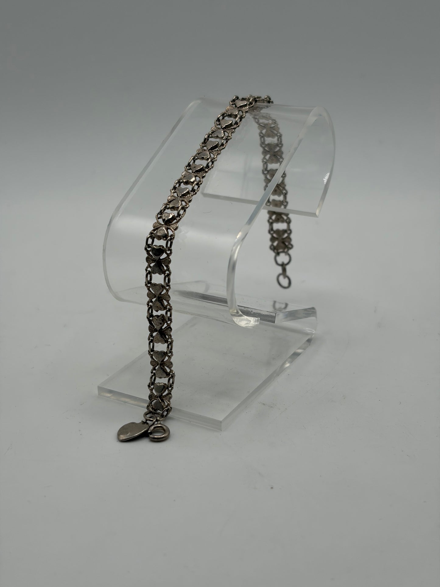 .925 Sterling Silver Vintage Heart & Clover Link Bracelet Sz. 7in