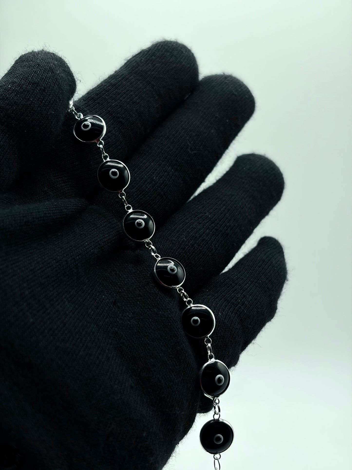 .925 Sterling Silver Evil Eye Bracelet Black 7in