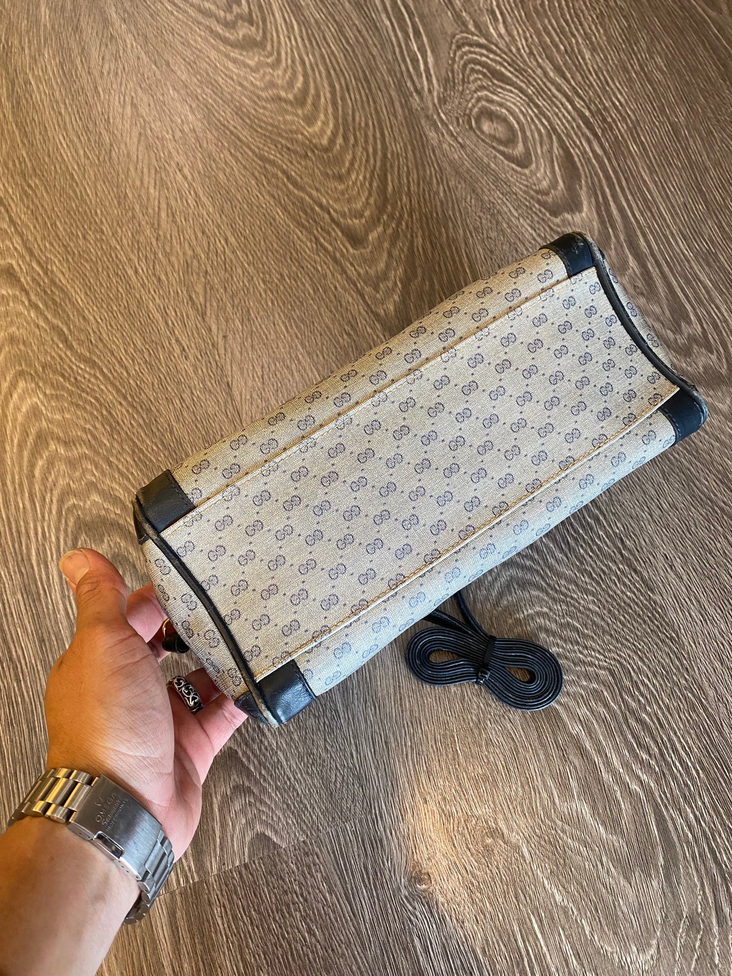 Gucci Monogram Boston Hand Bag Purse Navy Blue