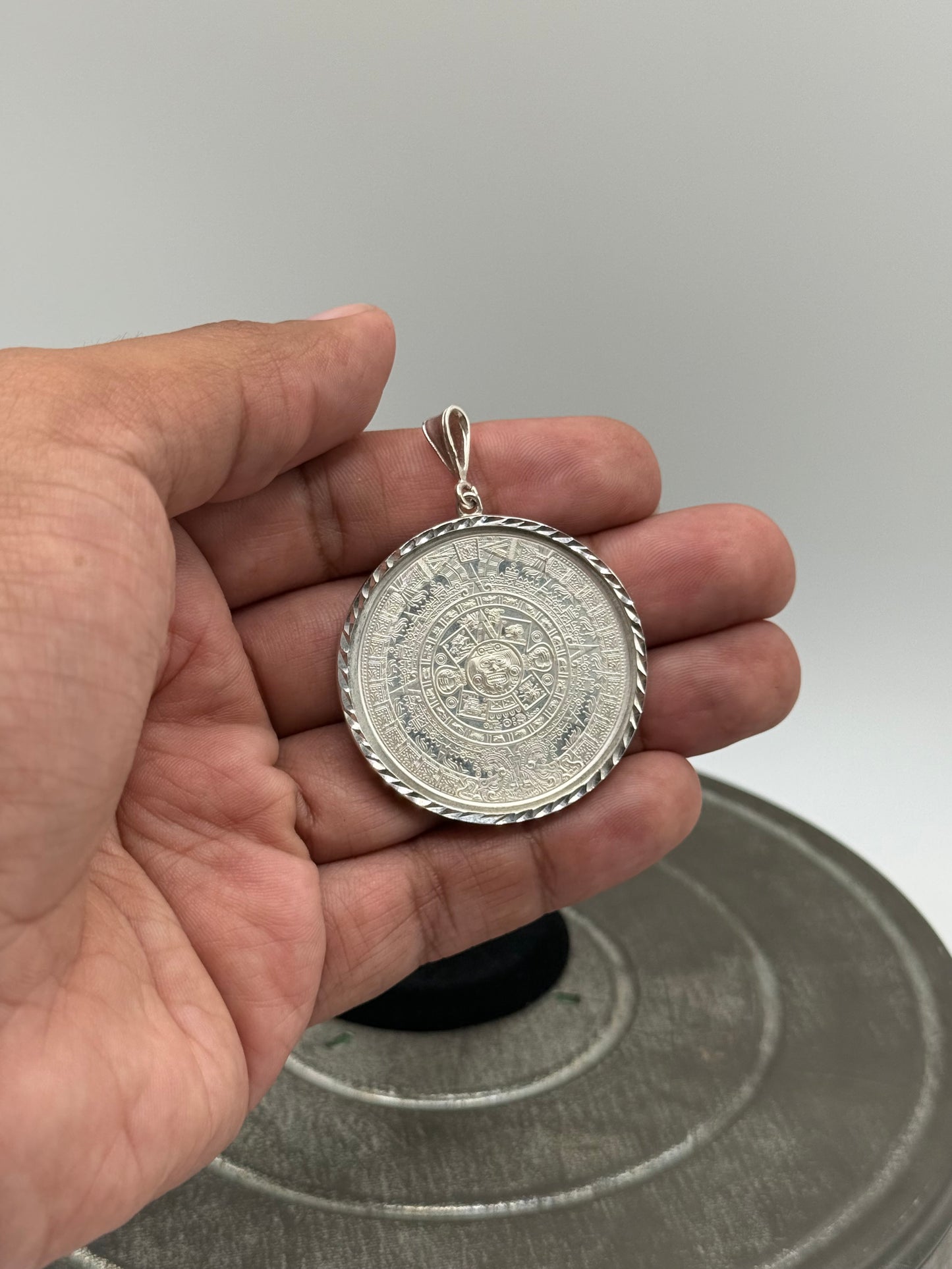 .925 Sterling Silver Aztec Calendar Sun Stone Medallion Pendant