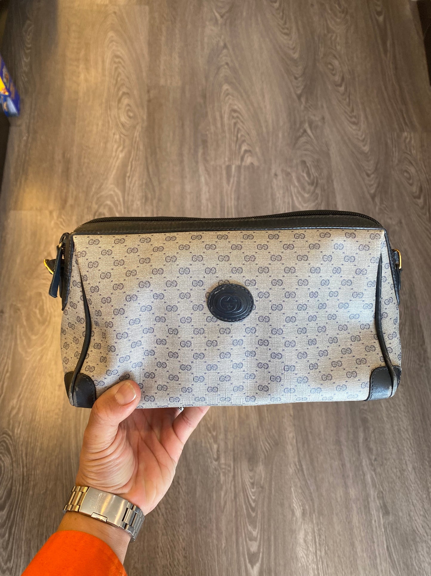 Gucci Monogram Boston Hand Bag Purse Navy Blue