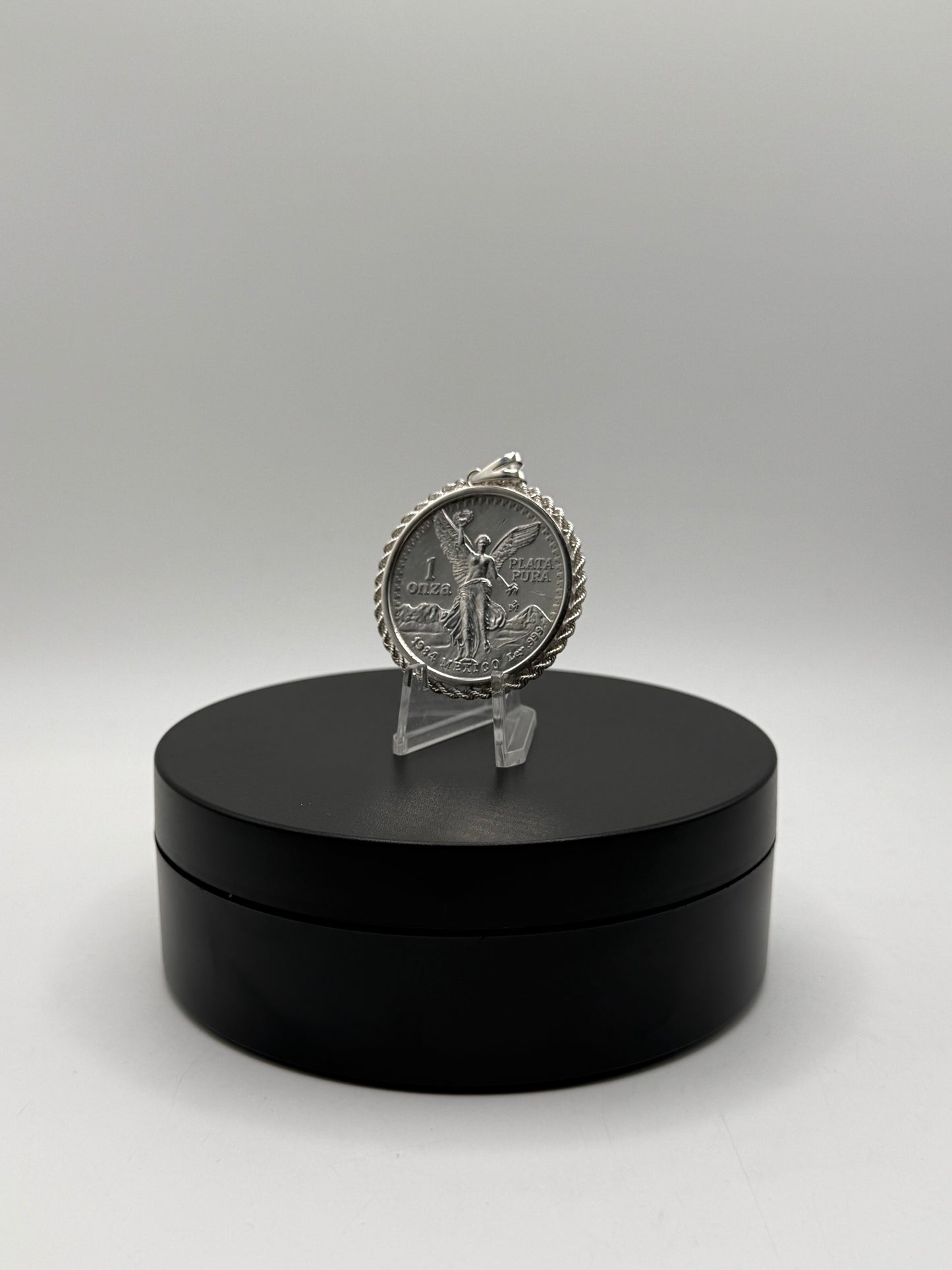 .999 Pure Silver Centenario with Sterling silver smooth rope bezel