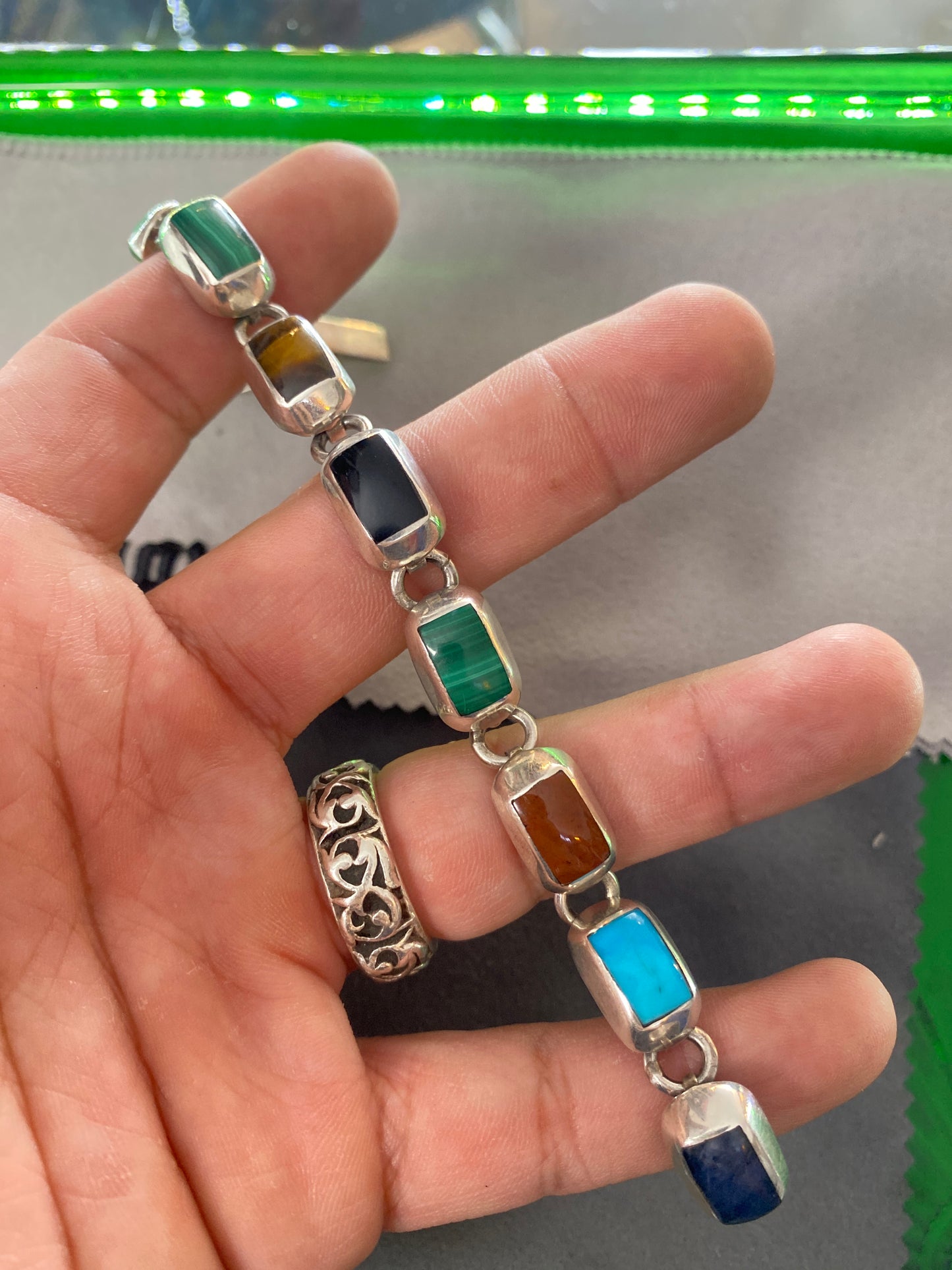 .925 Sterling Silver Multi Gemstone heavy Block Link Bracelet Sz 7.5”
