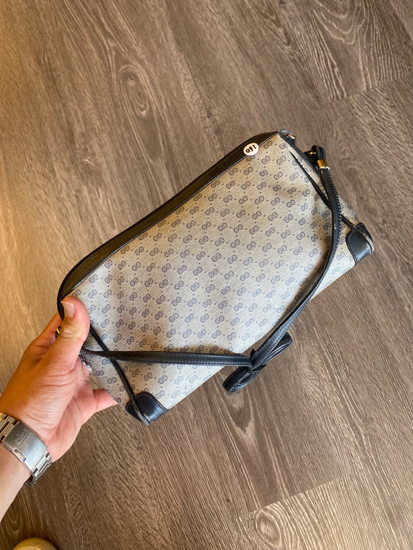 Gucci Monogram Boston Hand Bag Purse Navy Blue