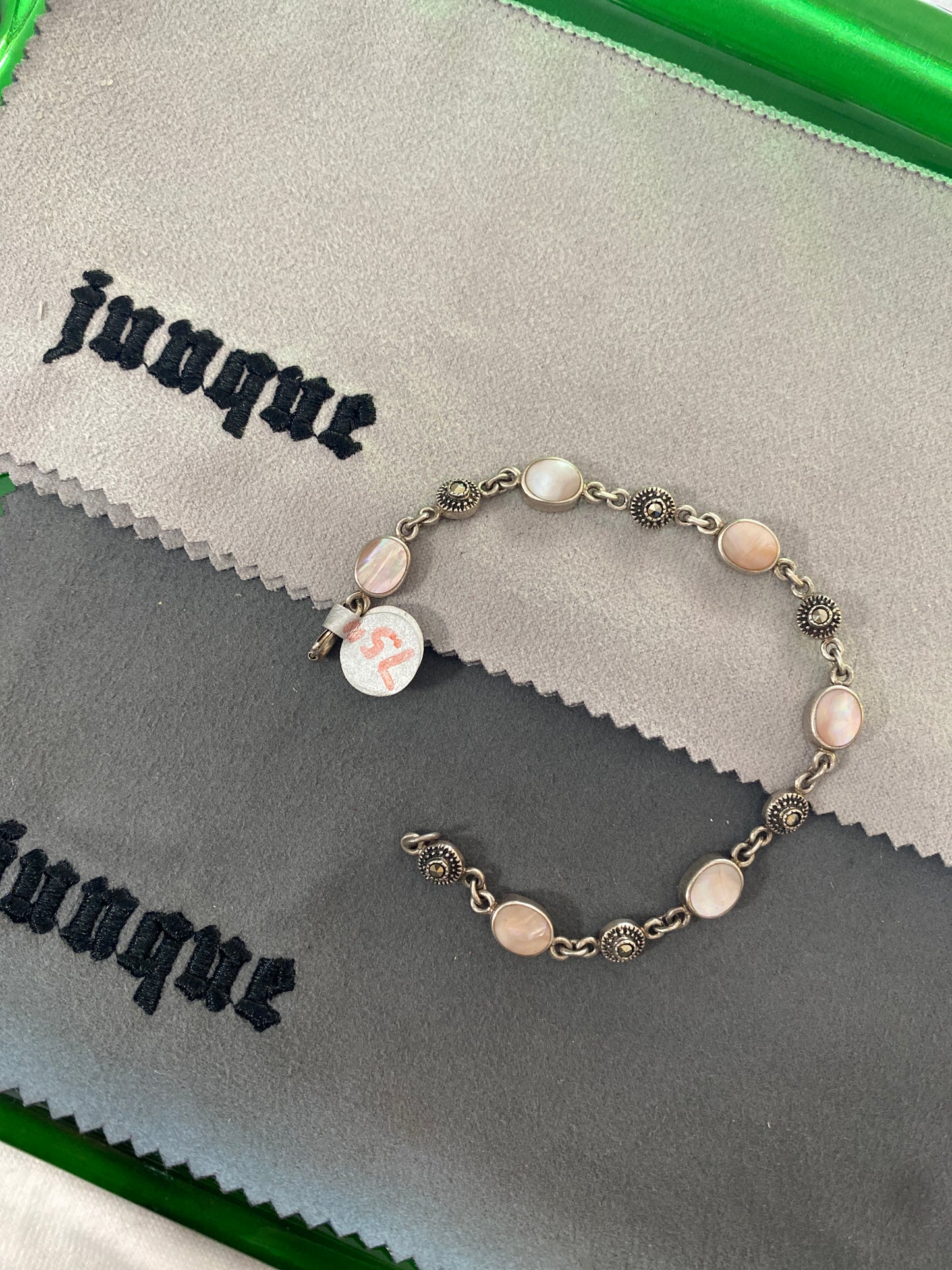 .925 Sterling Silver Oval Pearl Quartz Link Bracelet Sz 7.5”