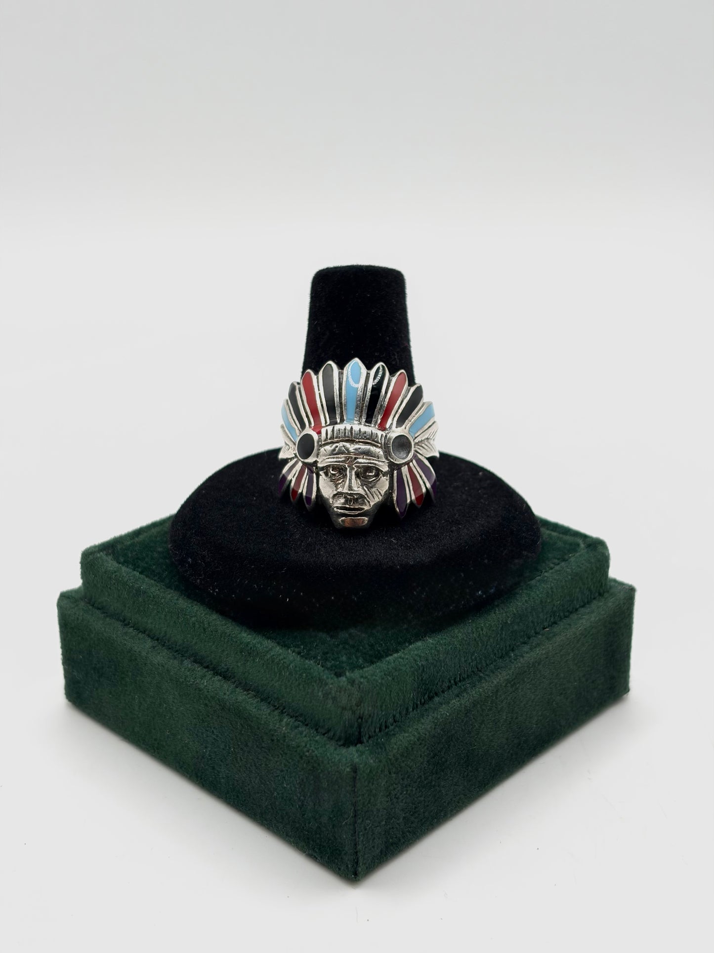 .925 Sterling Silver Multicolor Native American Face and Headwear Ring Sz. 10