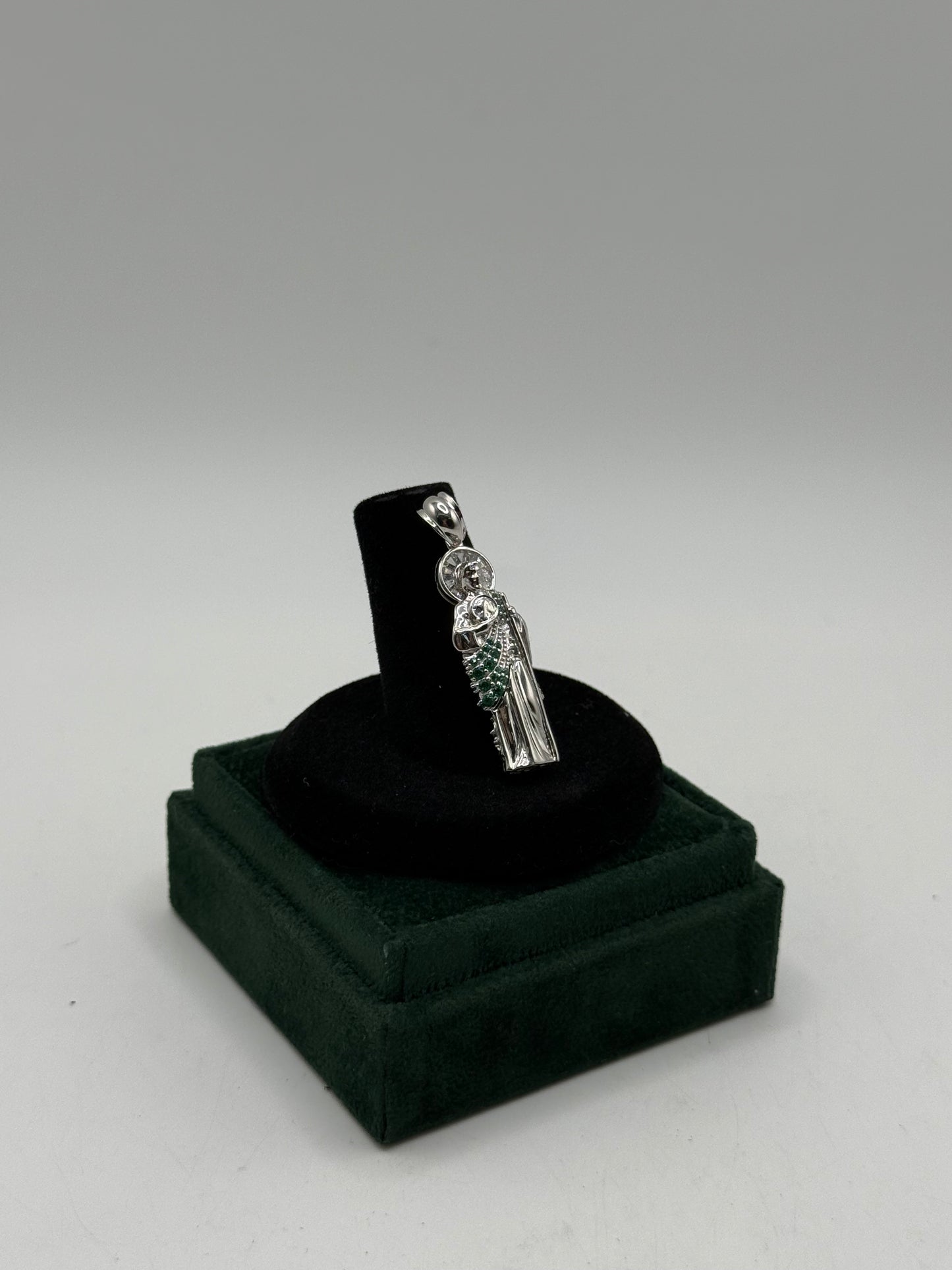 .925 Sterling Silver San Judas CZ Green pendant 1.5”