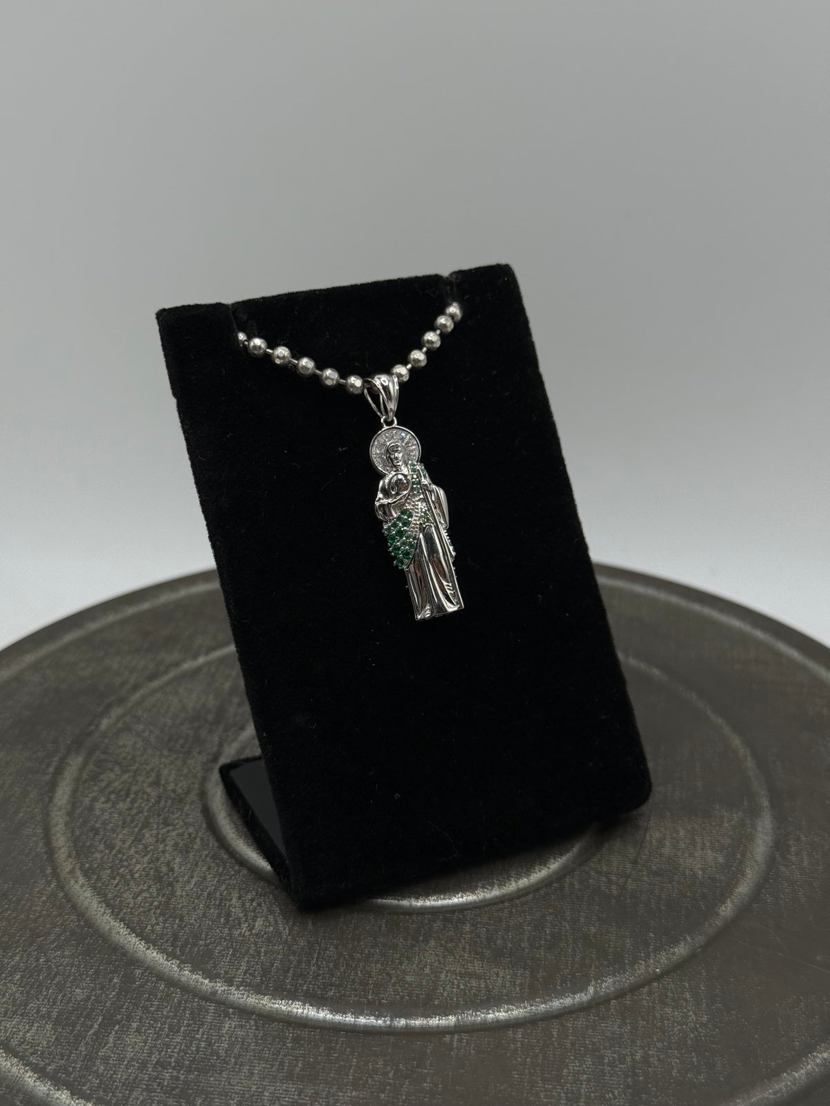 .925 Sterling Silver San Judas Pendant Green Gemstones