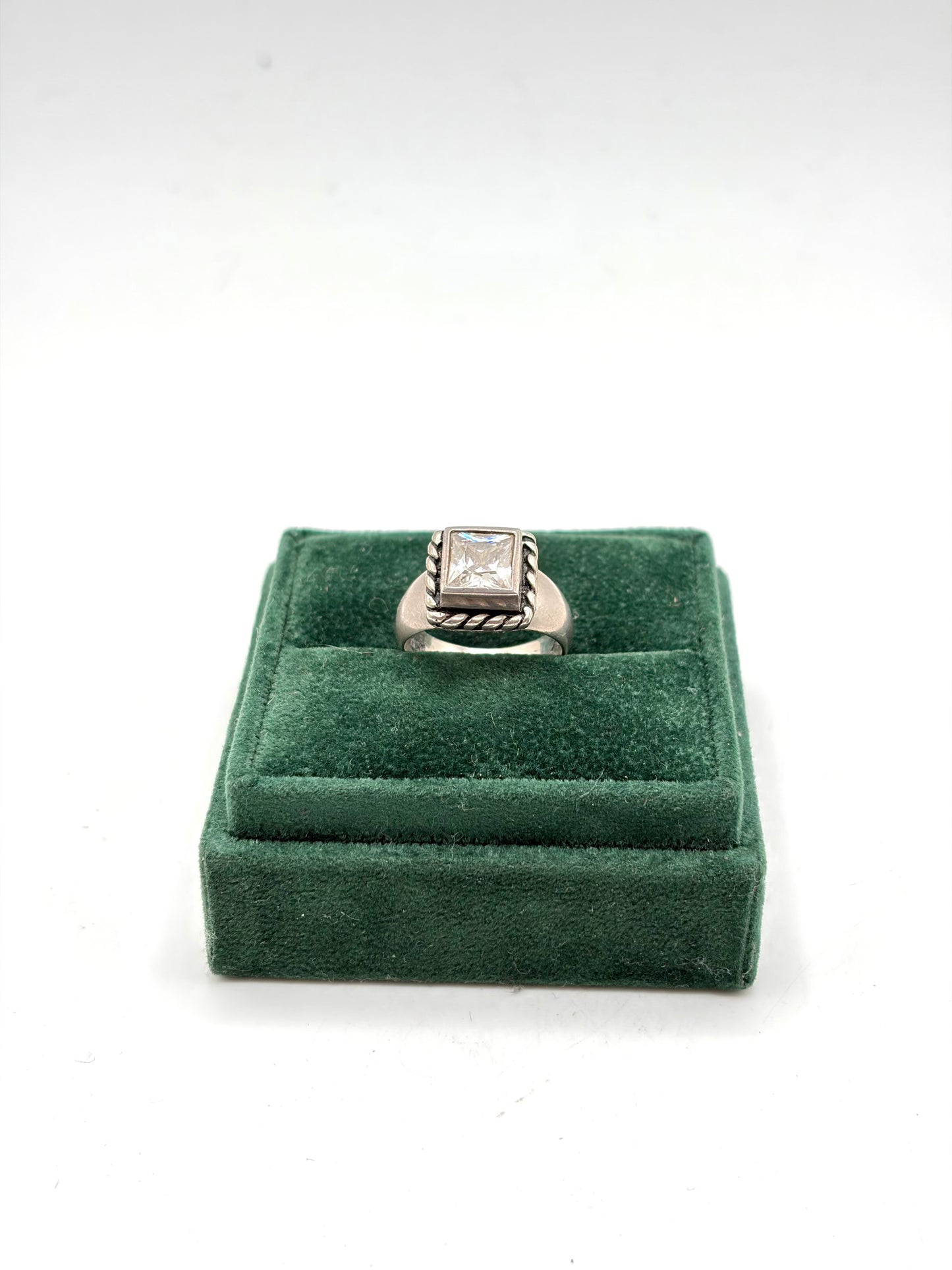 .925 Sterling Silver Princess Cut CZ Rope Border Ring Size 7