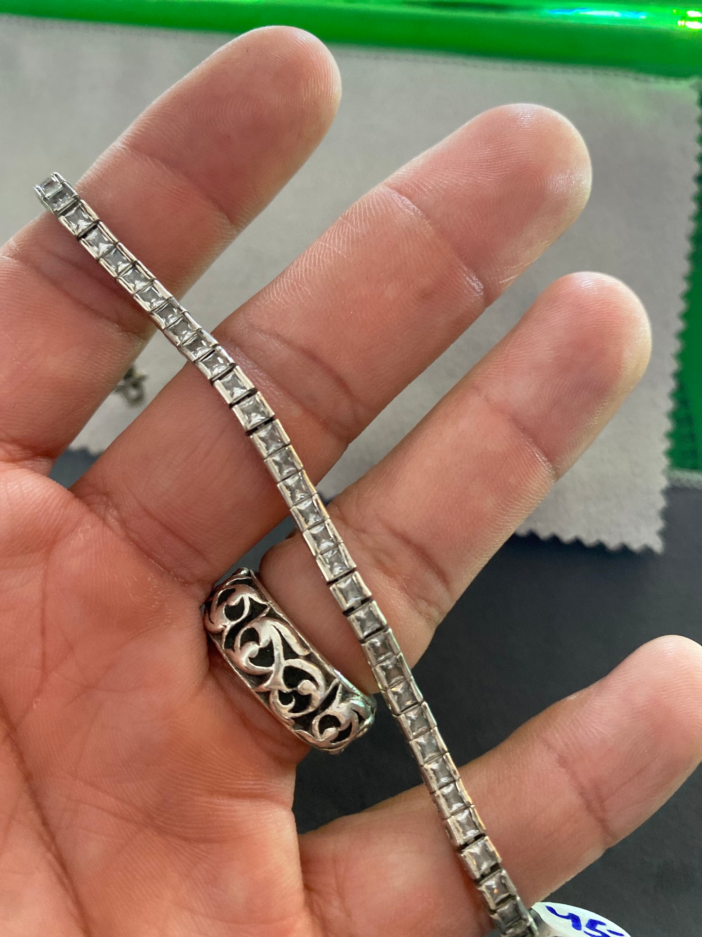 .925 Sterling Silver Quartz Tennis Studded Link Bracelet Sz 7”