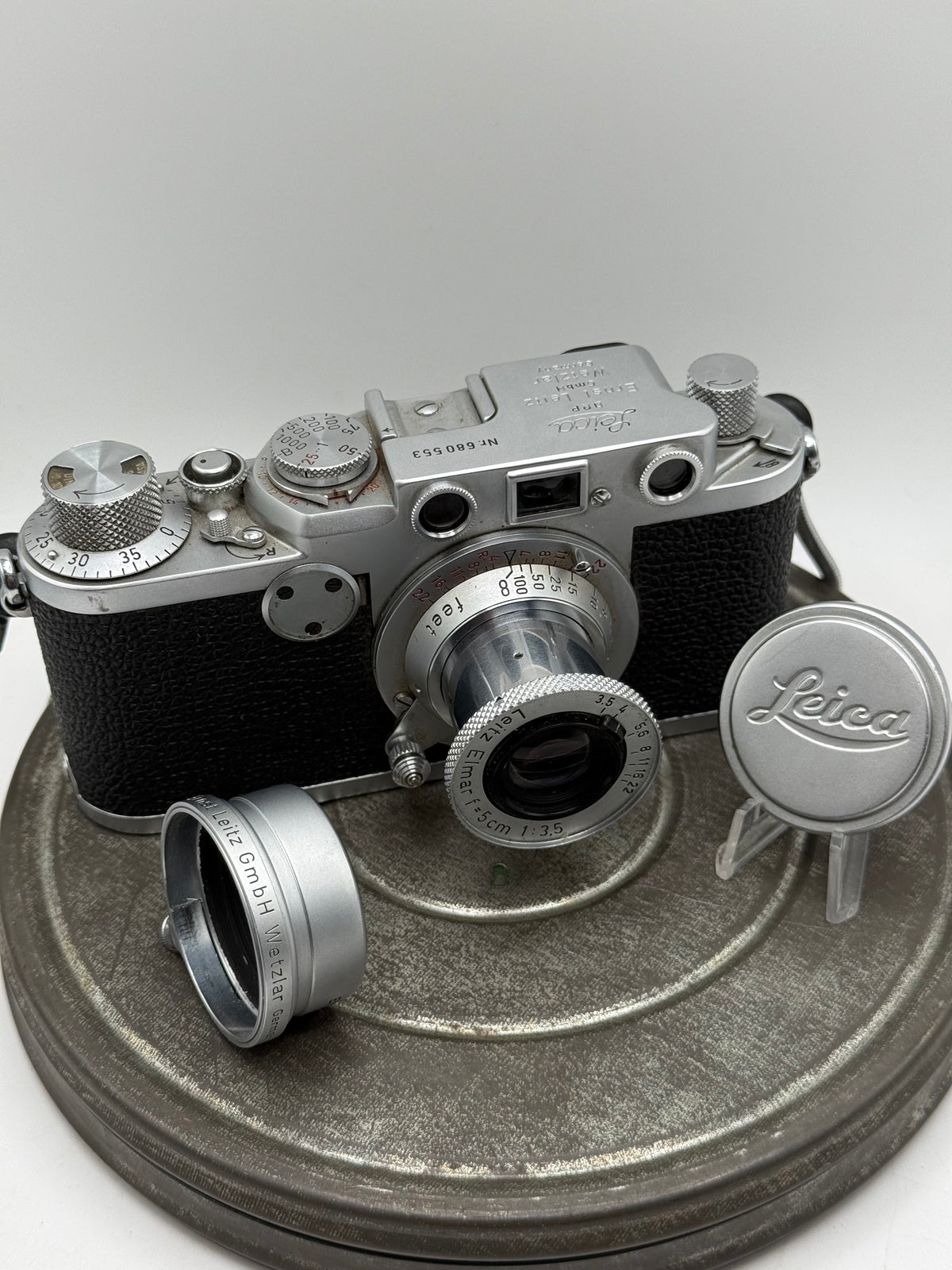Vintage Leica Ilf 35mm Rangefinder Camera w/ Leitz Elmar 5cm f/3.5 Lens & Hood
