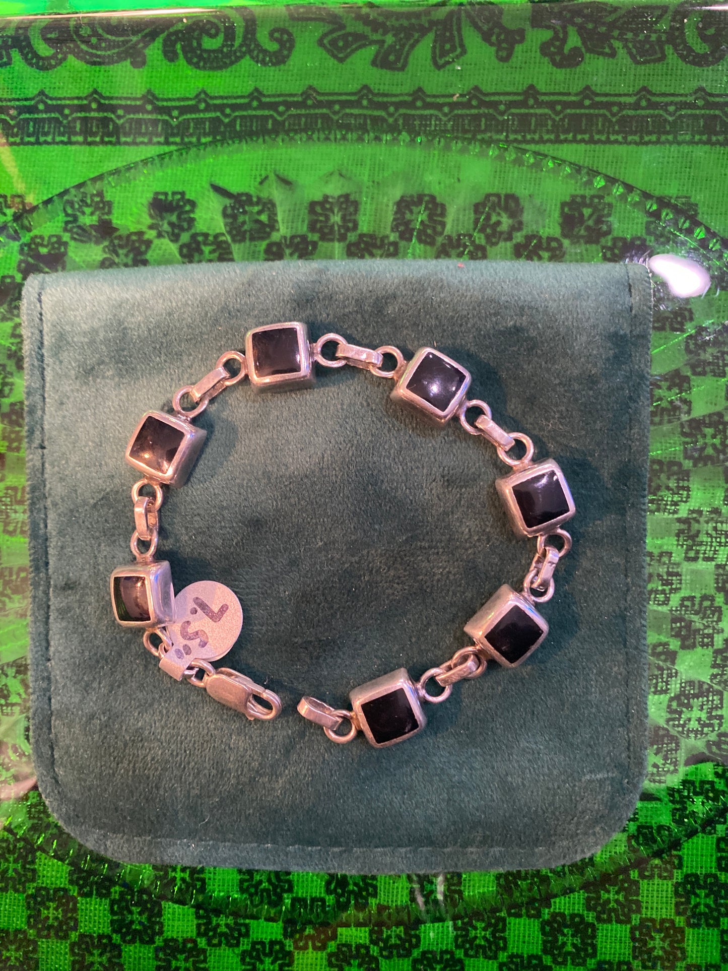 .925 Sterling Silver Onyx Stone Bracelet 7.5”