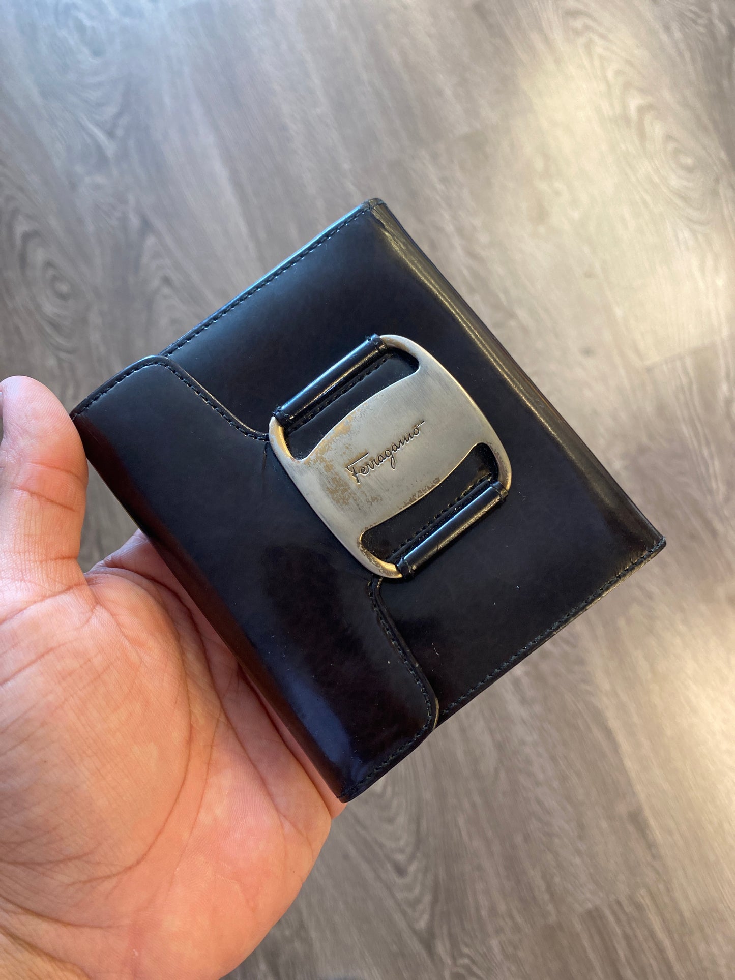 Vintage Ferragamo Silver Buckle Bi Fold Wallet Black