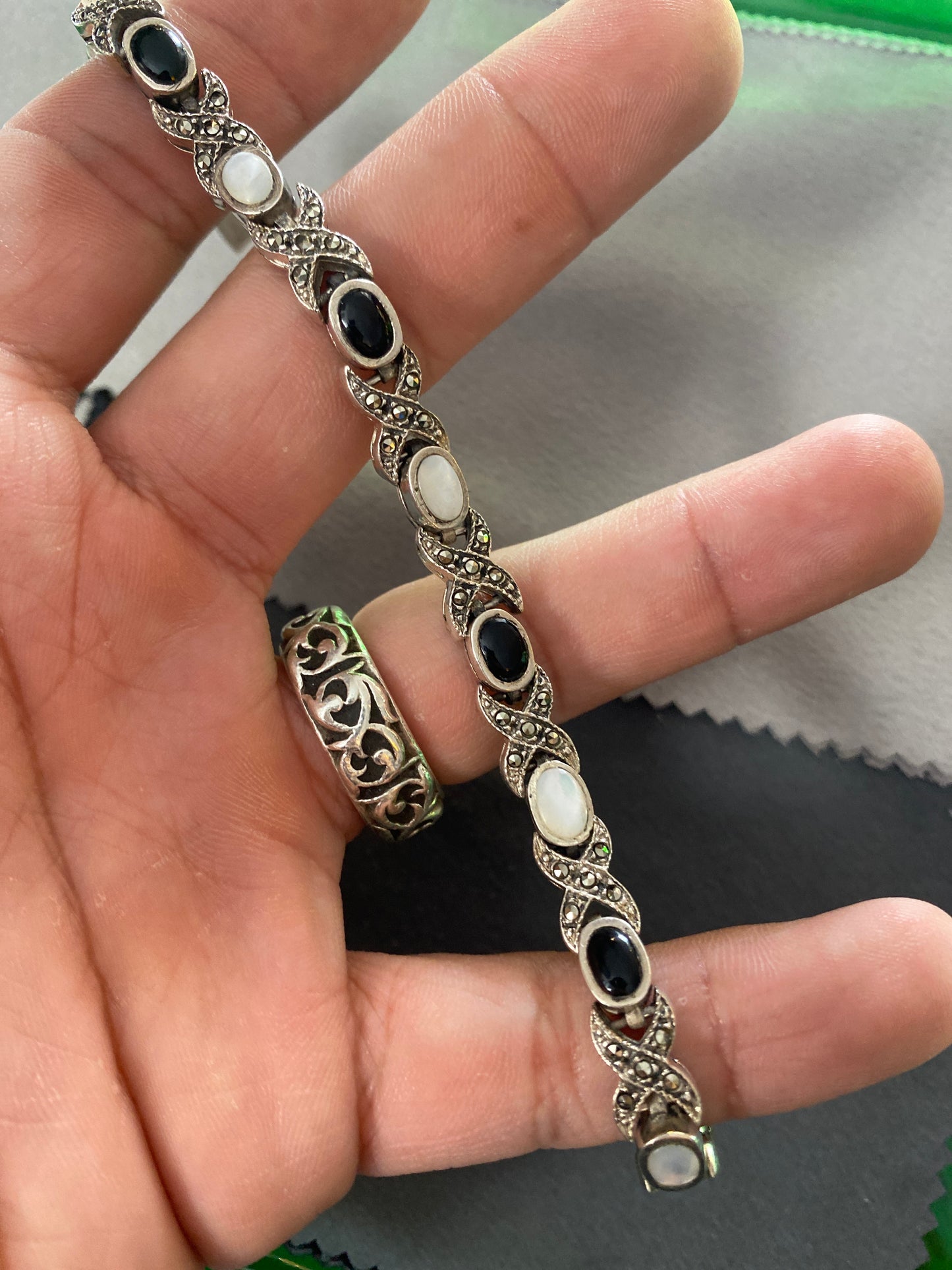 .925 Sterling Silver Opal Onyx Bracelet Sz 7”