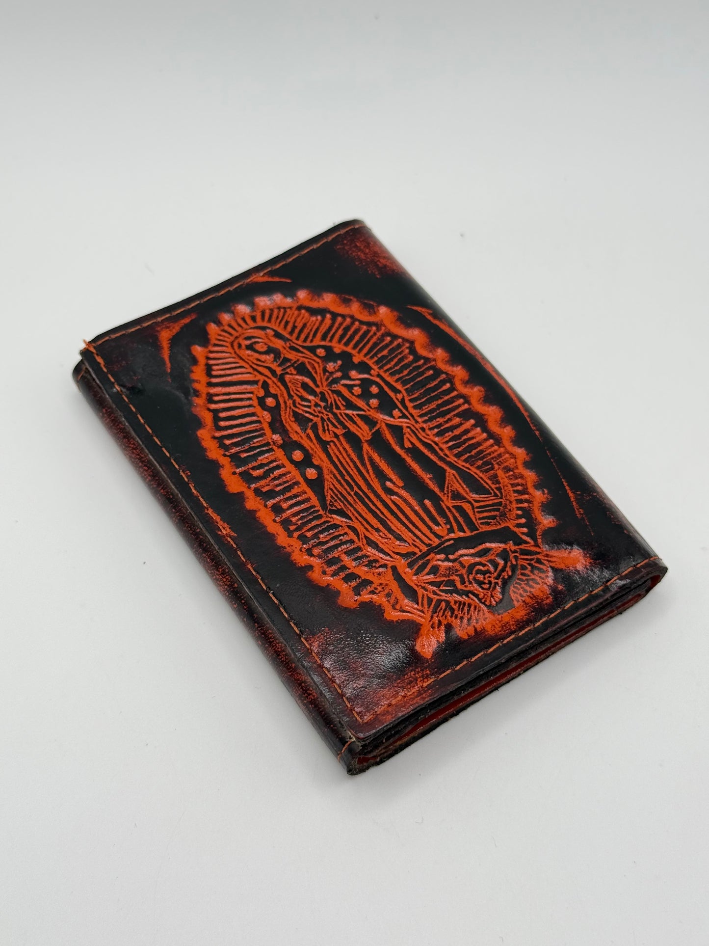Virgen de Guadalupe Brown & Black Tooled Leather Wallet Vintage Style