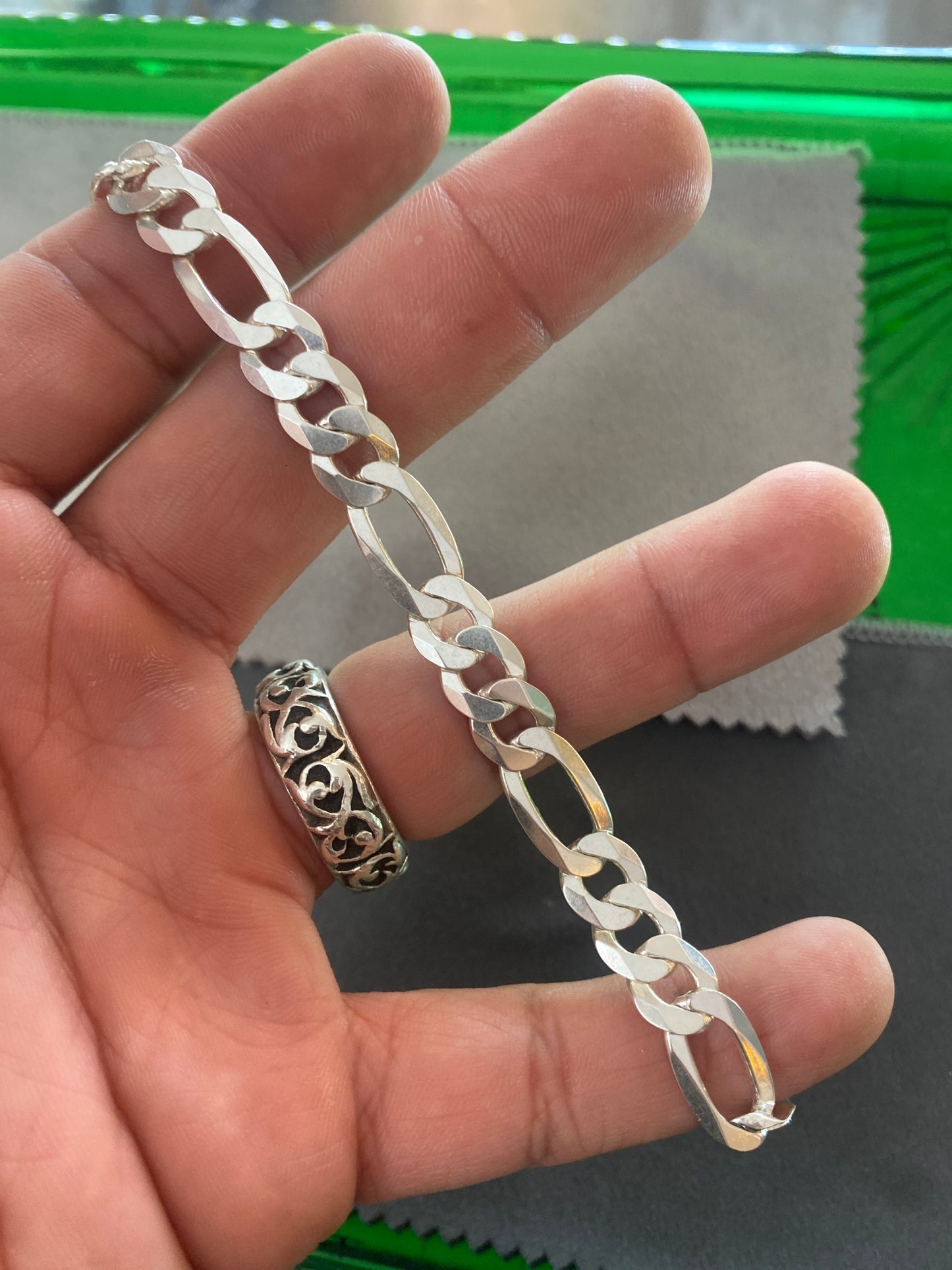 .925 Sterling Silver Thick Figaro Bracelet Sz 9”