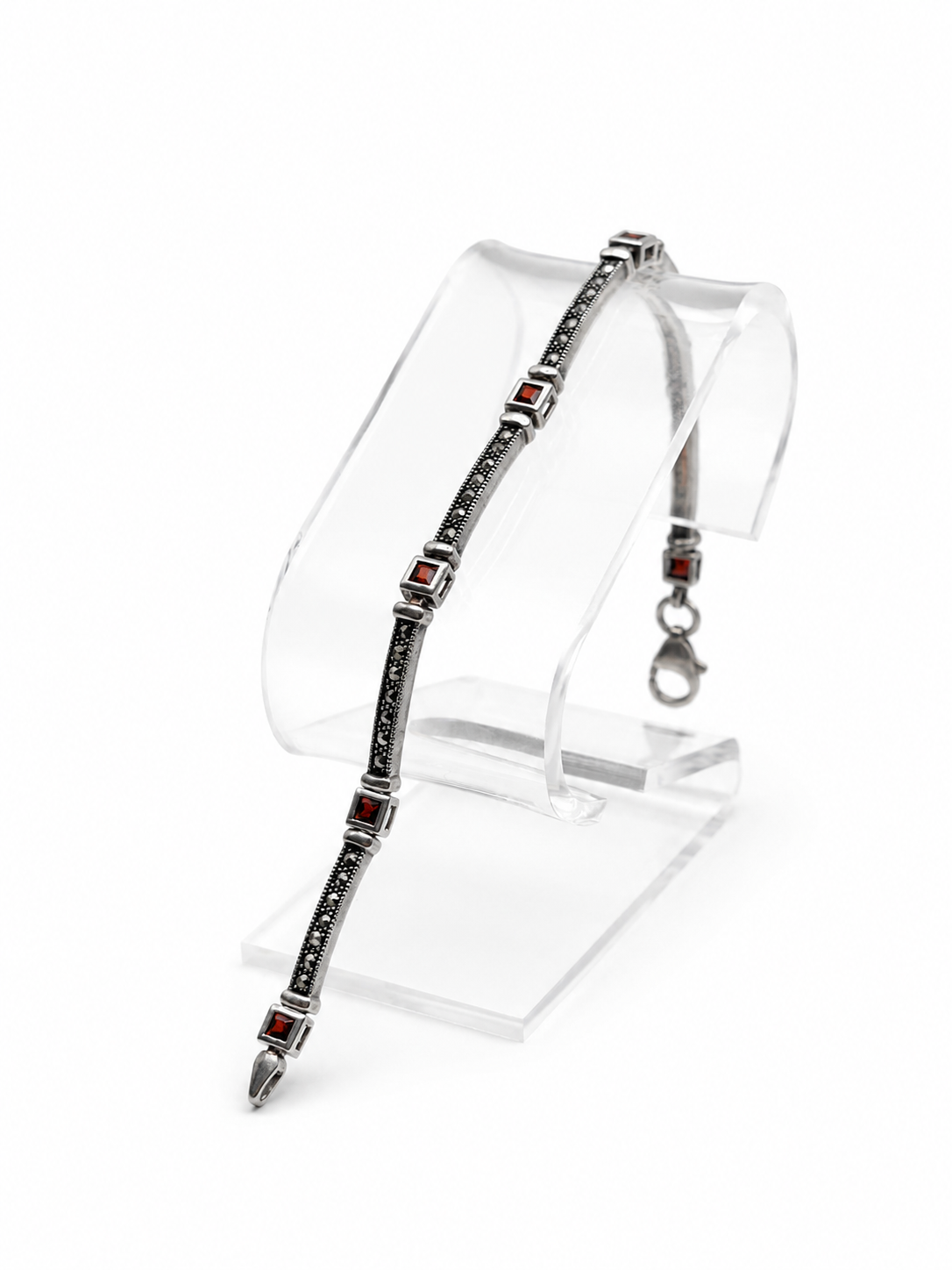 .925 Sterling Silver Marcasite & Red Garnet Link Bracelet Size 7.5in