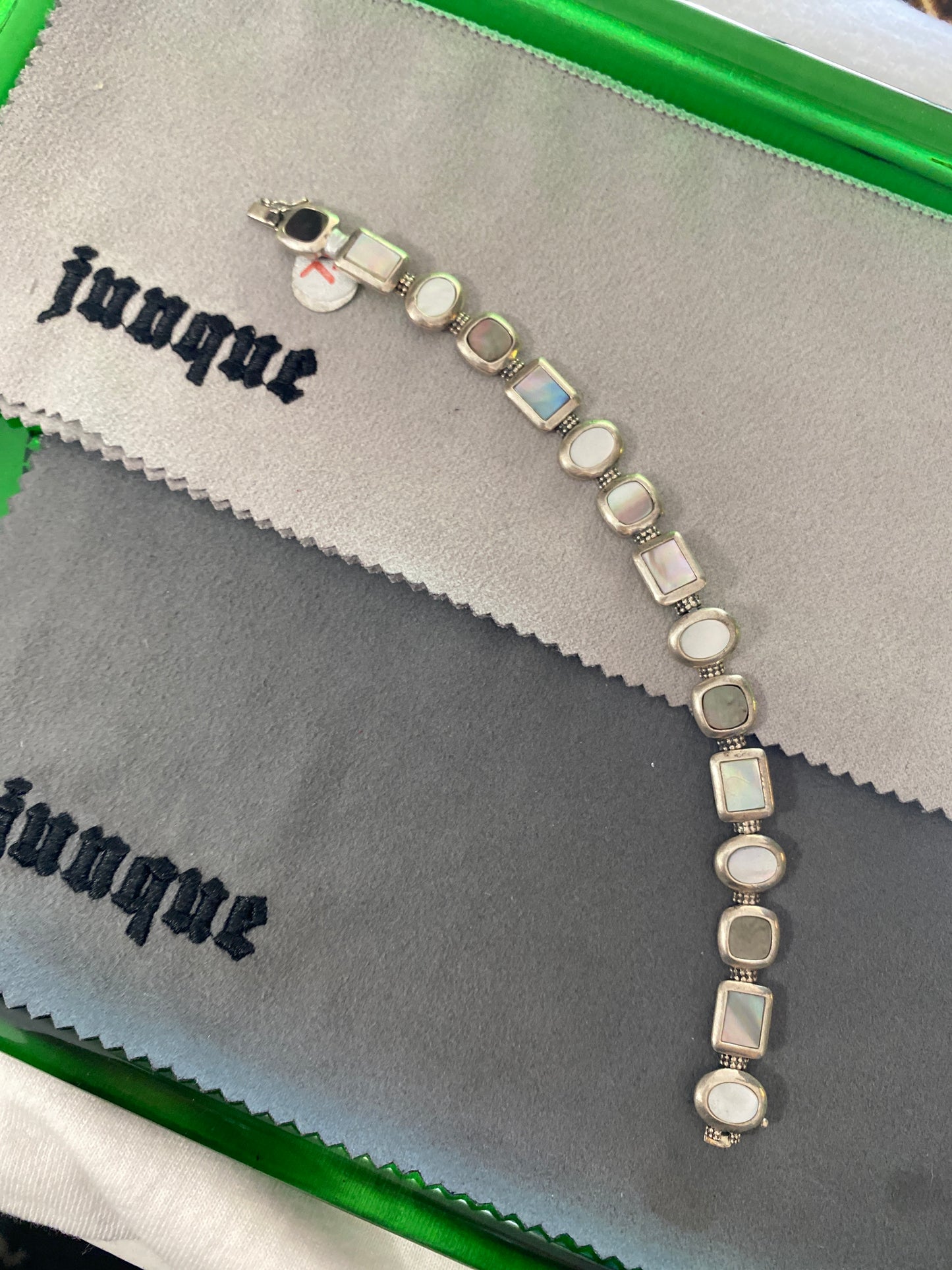 .925 Sterling Silver Opal Square Link Bracelet Sz 7.5”