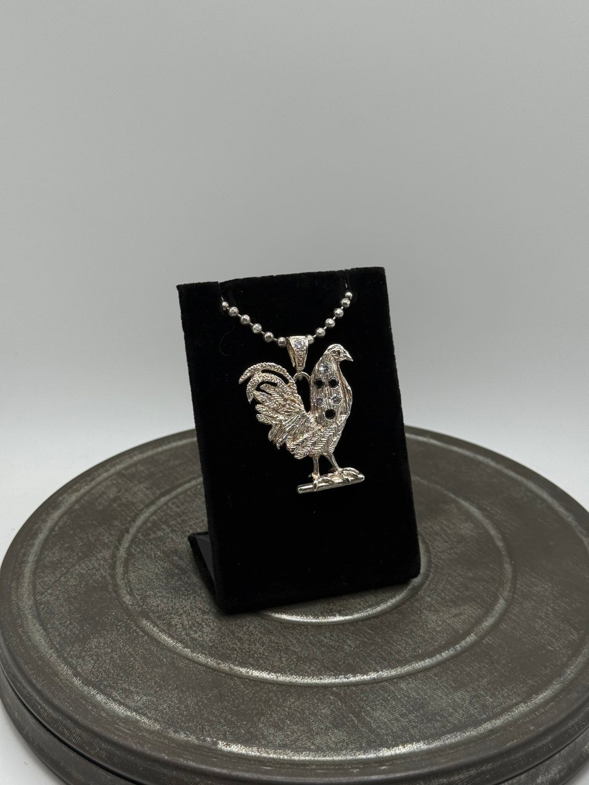 .925 Sterling Silver Rooster Gallo Pendant – CZ and Onyx Detailed Figural Design 1.75”