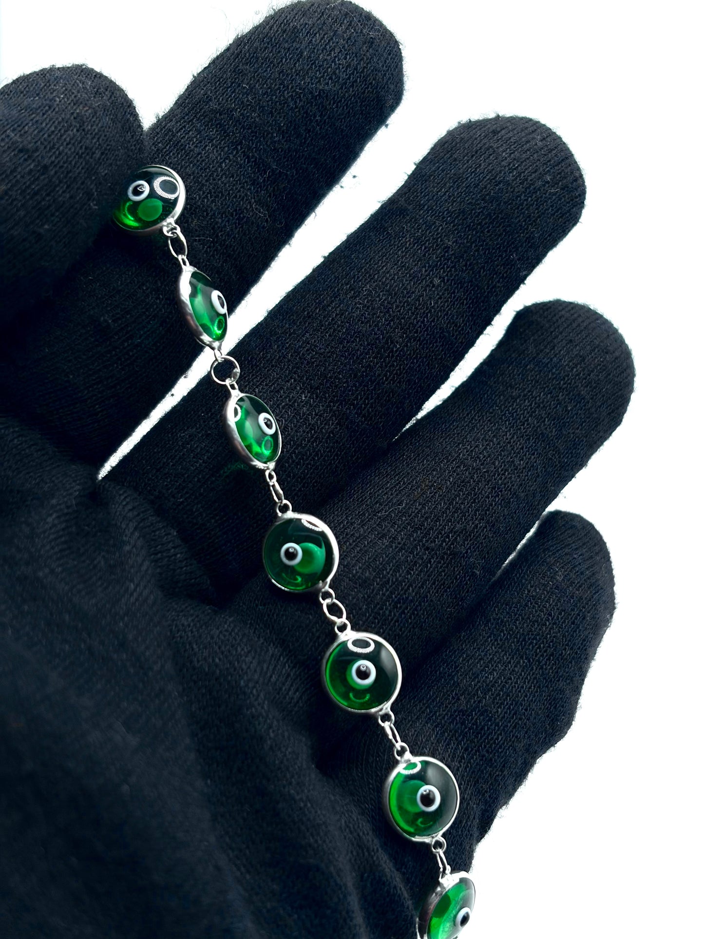 .925 Sterling Silver Evil Eye Bracelet Green Translucent 7in