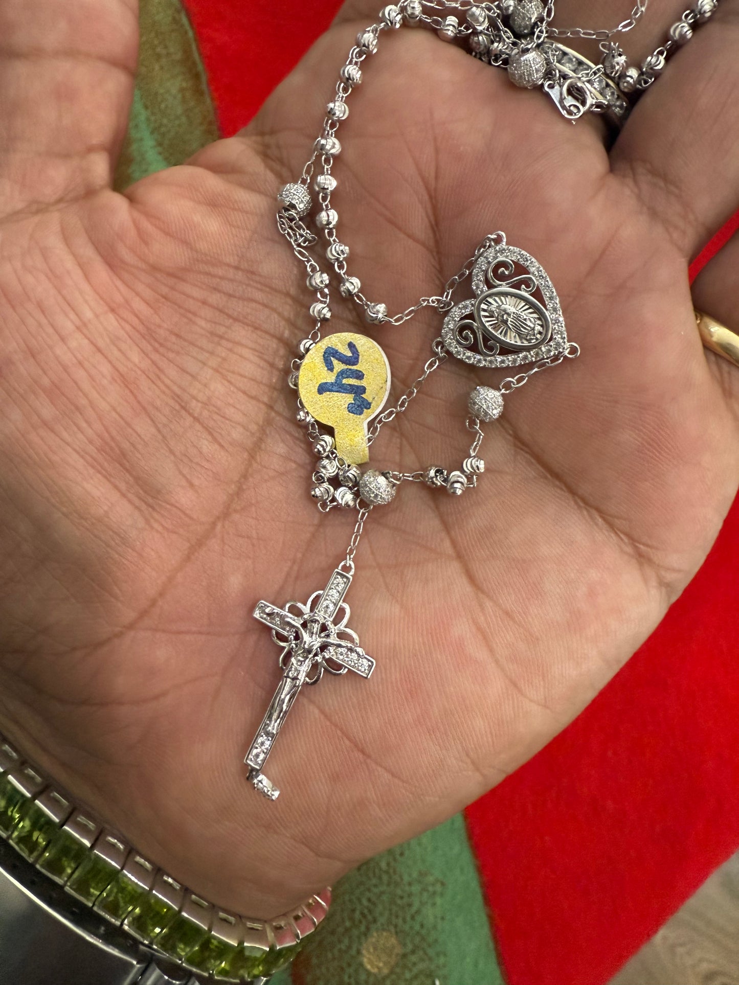 .925 Sterling silver Rosario rosary 24” Virgin Mary heart