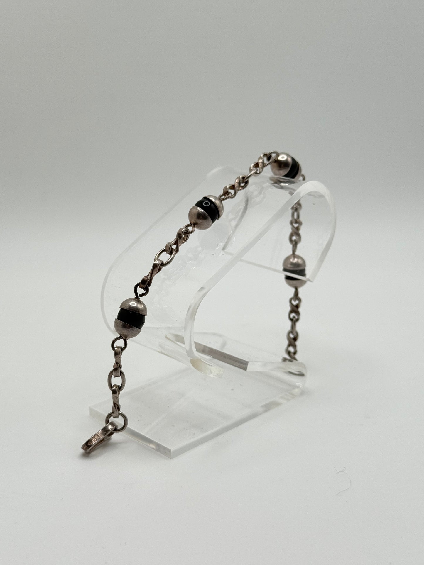 .925 Sterling Silver Beaded Link with Black Onyx Bracelet 7.5 in