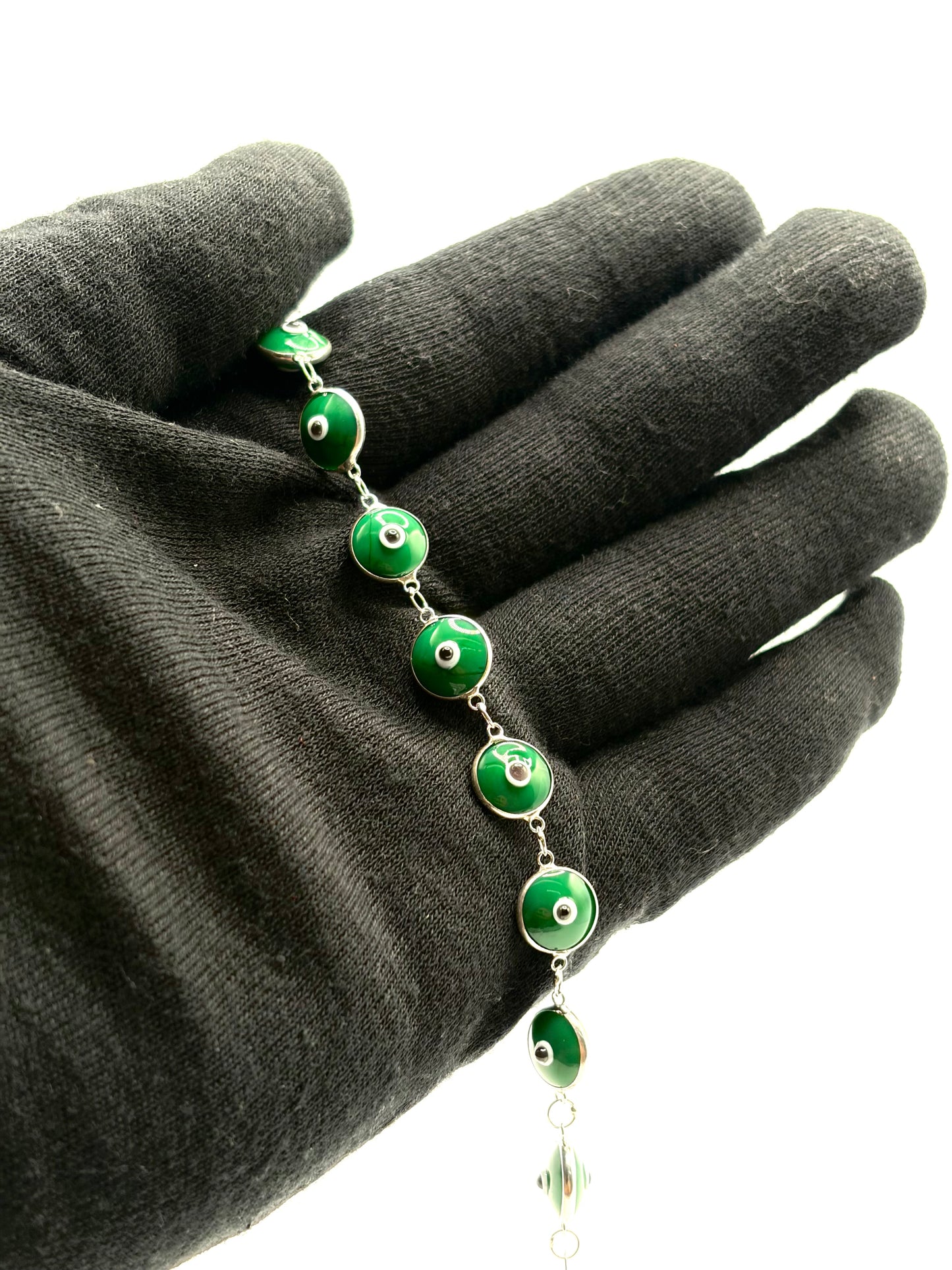 .925 Sterling Silver Green Circle evil eye Bracelet 7.5in