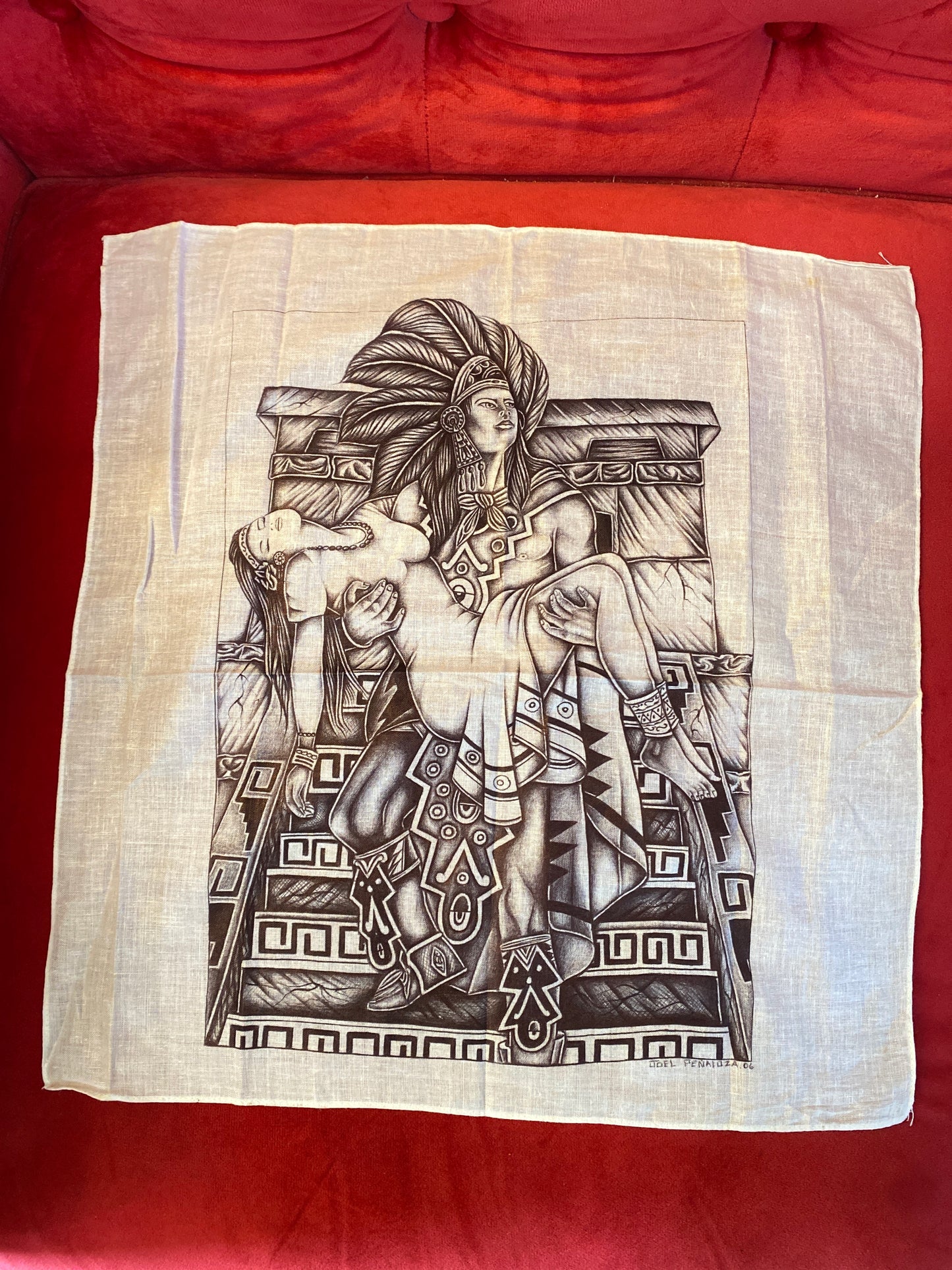 Vintage Prison Art Lady Aztec Warrior King And Queen Pyramid Mexico Mexican Pen On Bandana Handmade Artwork