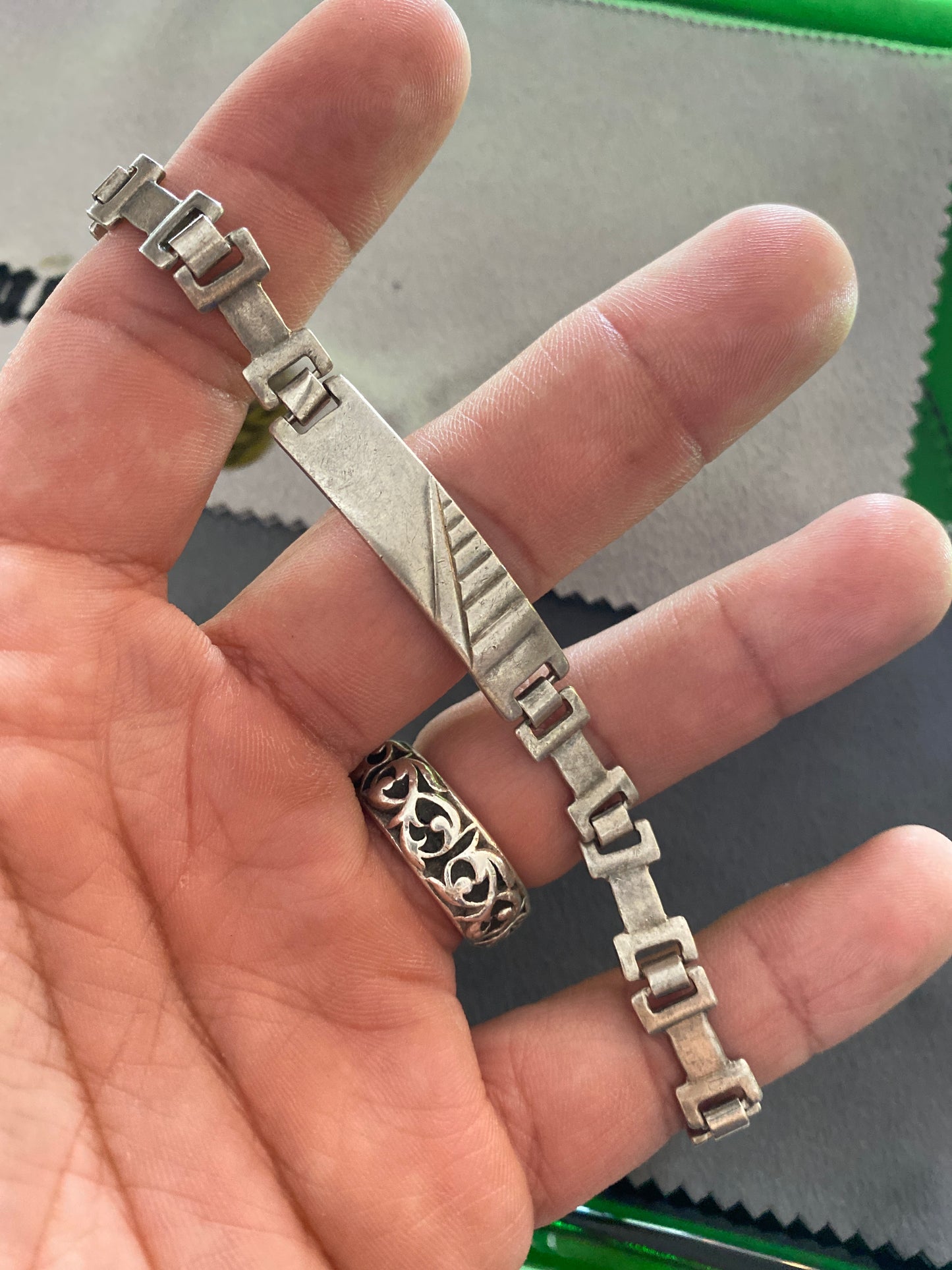 .925 Sterling Silver Block Link ID Bracelet Sz 8”