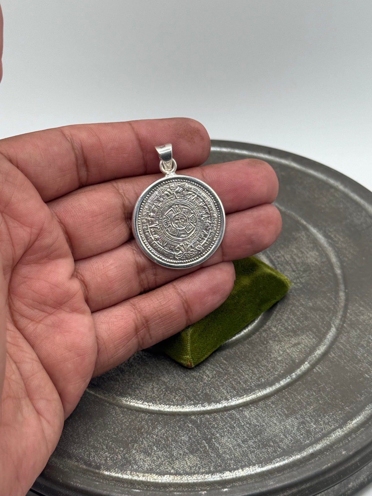 .925 Sterling Silver Solid Aztec Calendar Medallion Pendant