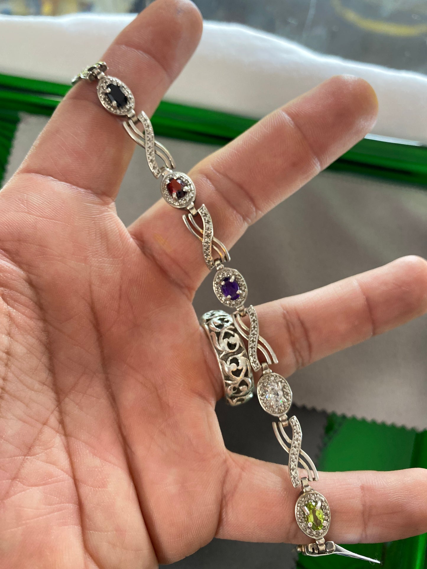 .925 Sterling Silver Multi Gemstone Studded Infinity Link Bracelet Sz 7.5”