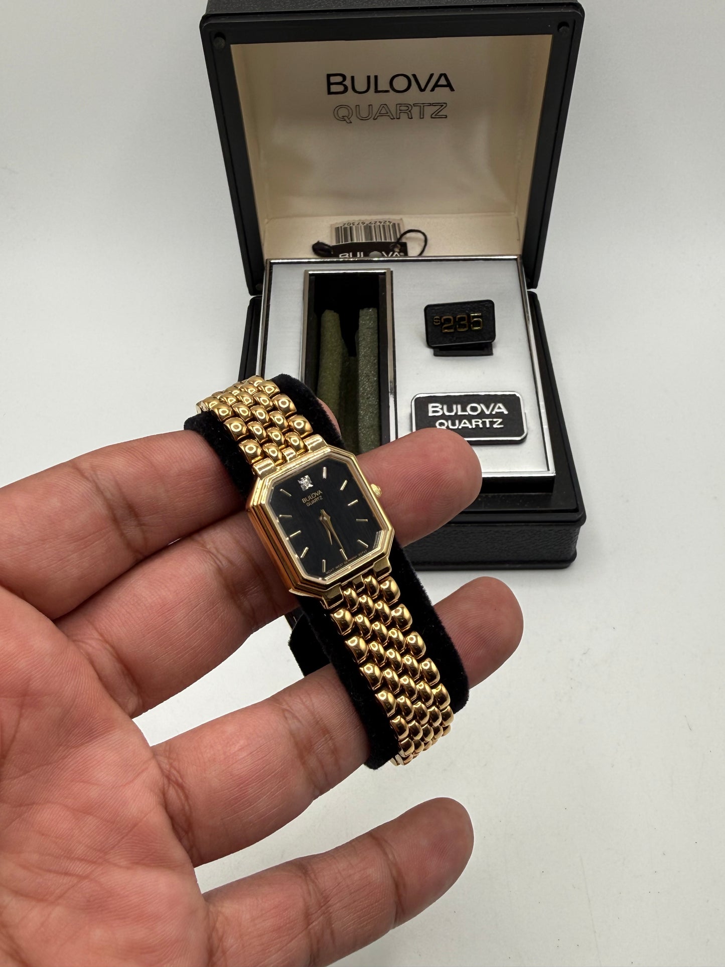 Bulova Quartz Gold Tone Black Dial Dress Watch w/ Original Box