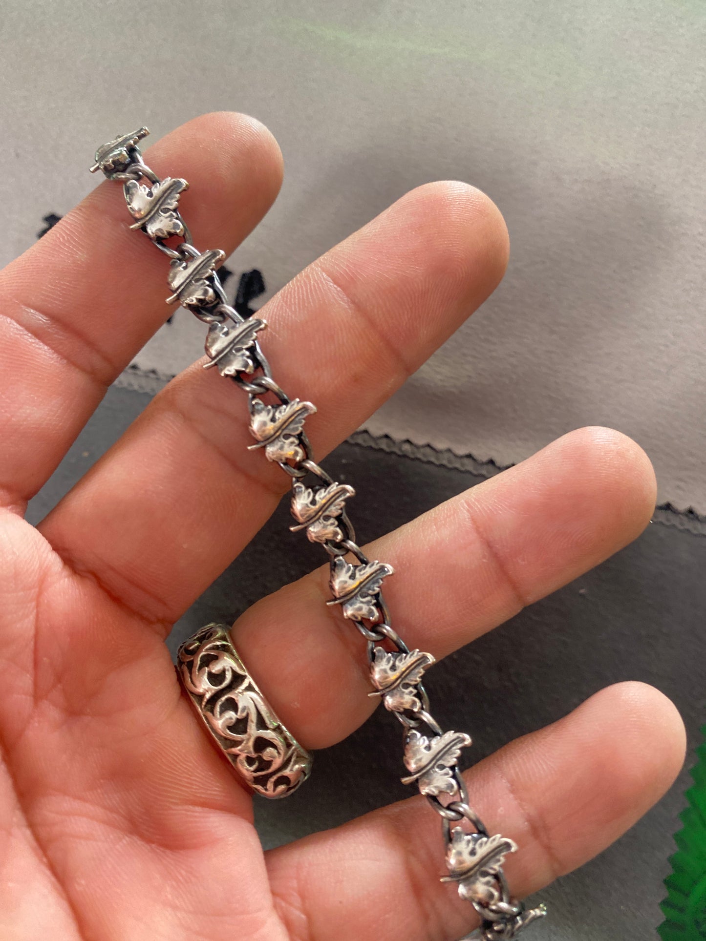.925 Sterling Silver Leaf Link Bracelet Sz 7”