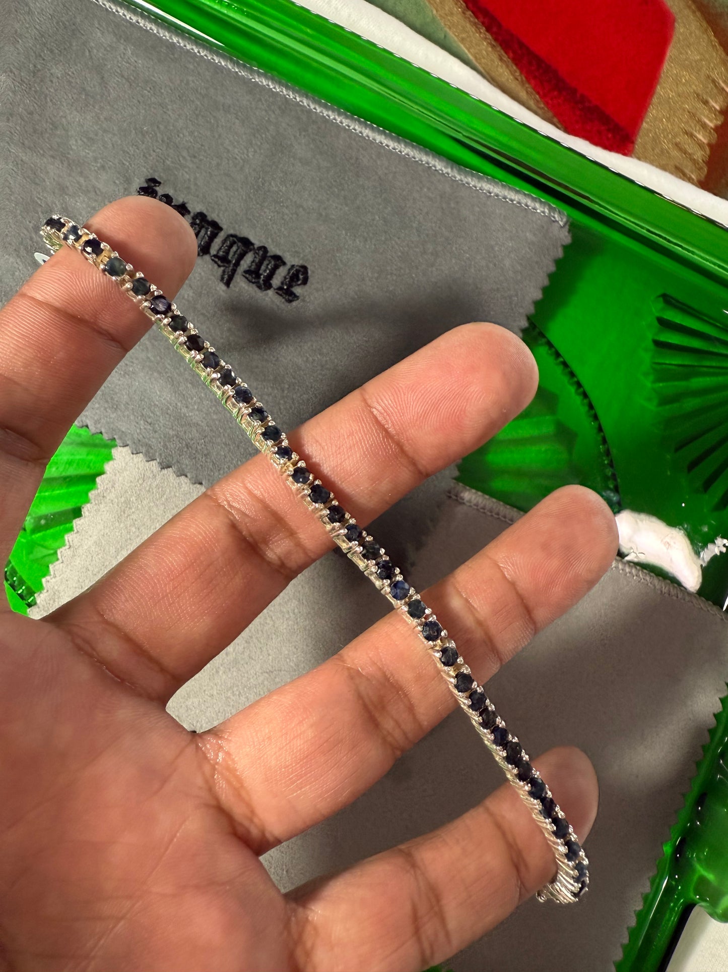 .925 Sterling Silver dark sapphire gemstone bracelet 7.5”