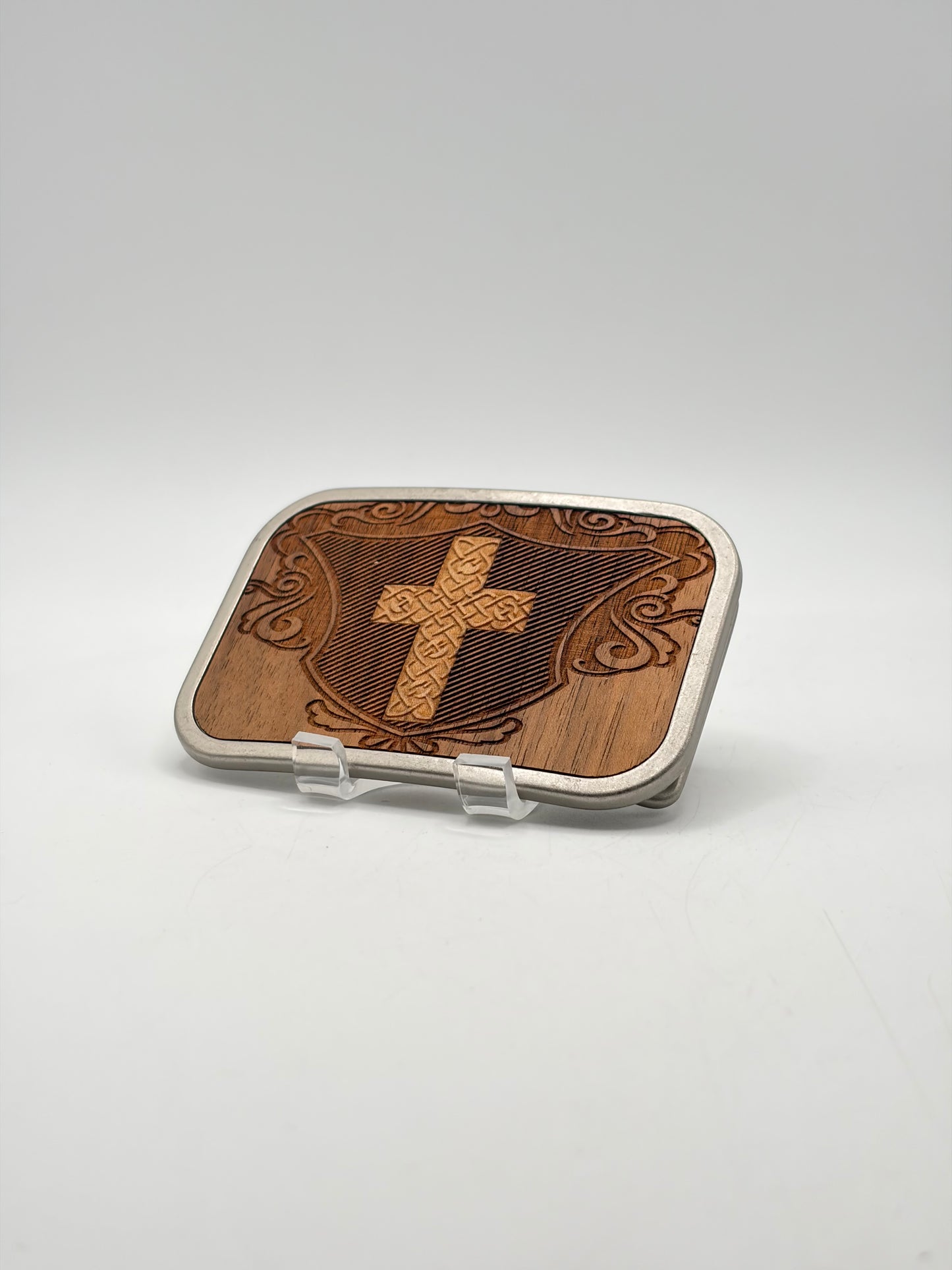 Jesus cross belt buckle wood grain