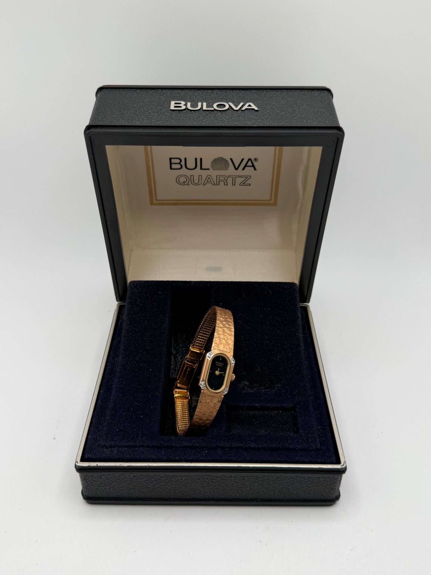 Bulova Quartz Women’s Gold Tone Black Dial Diamond Accent Wristwatch w/ Original Box