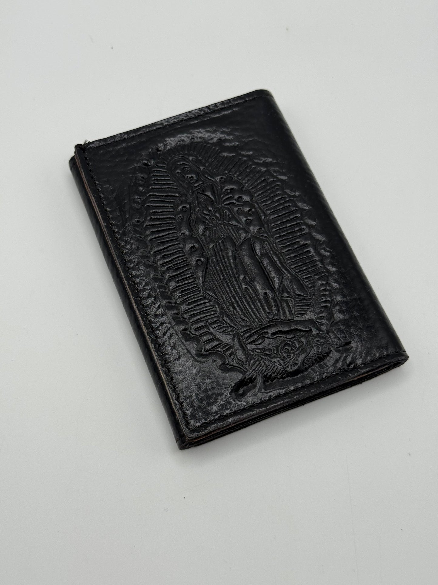 Virgen de Guadalupe Embossed Black Leather Wallet Trifold