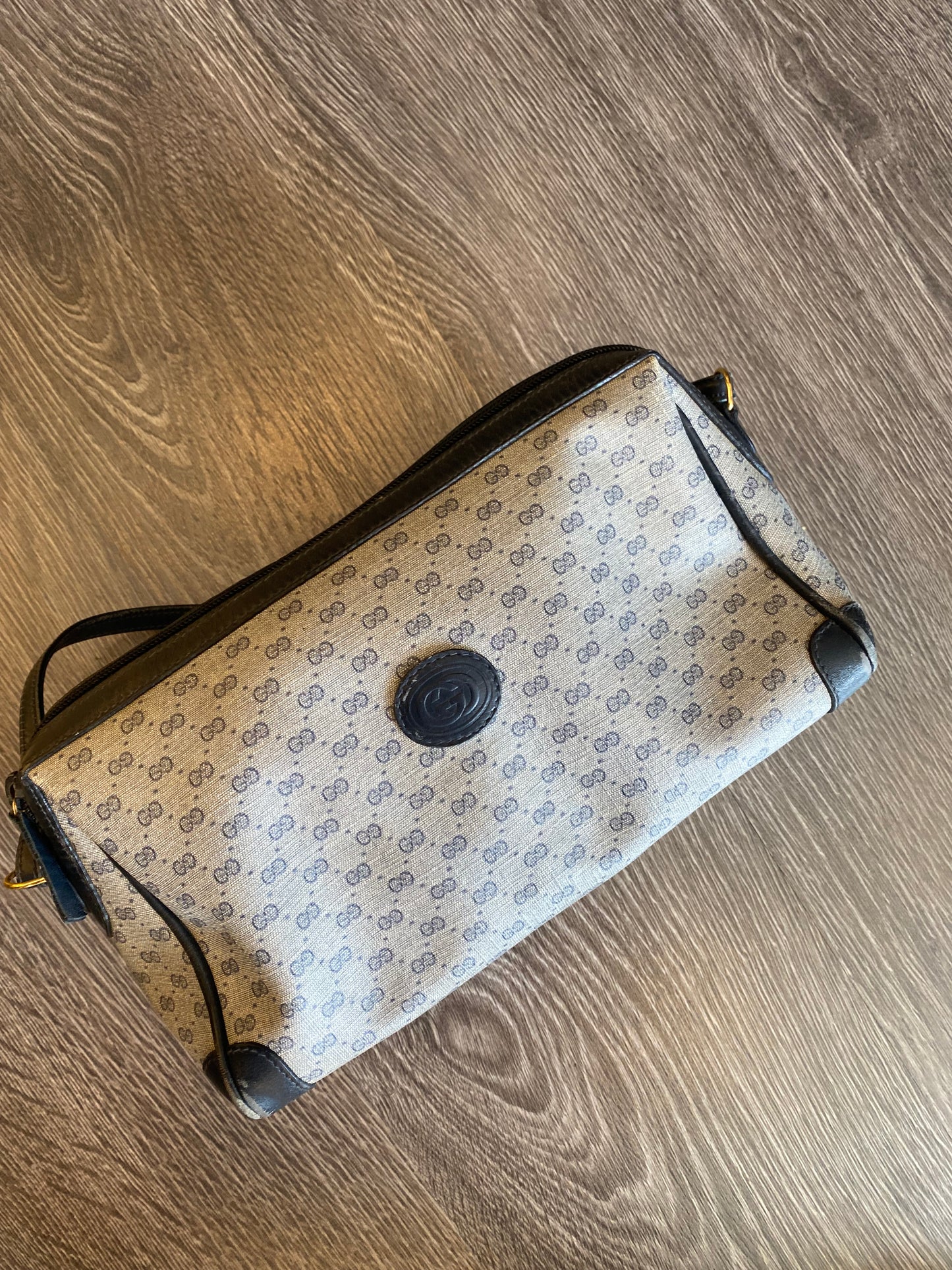 Gucci Monogram Boston Hand Bag Purse Navy Blue