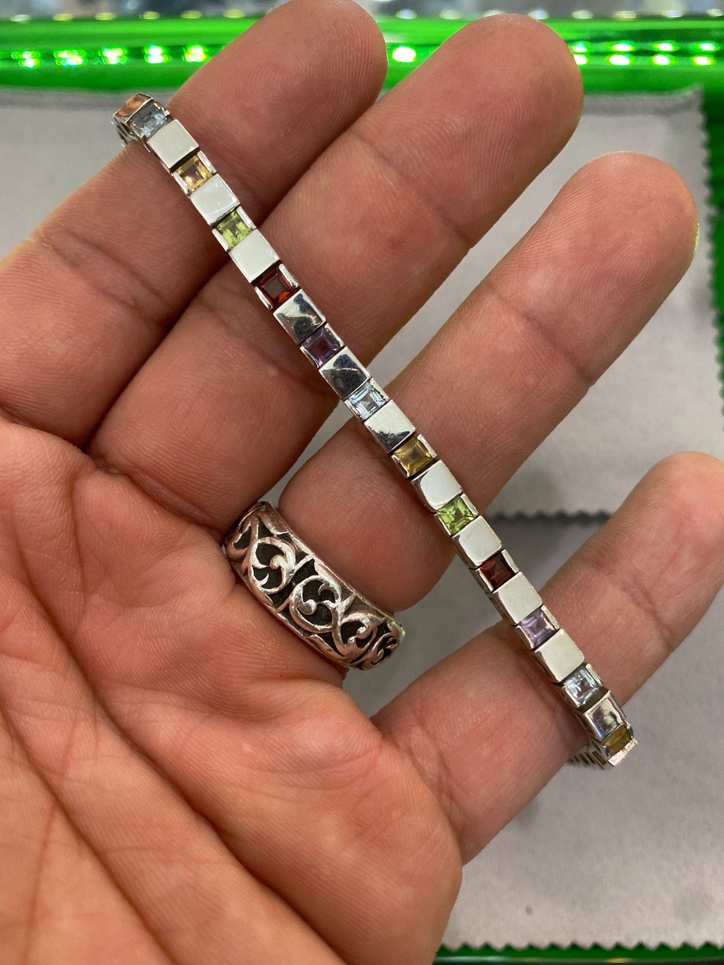 .925 Sterling Silver Multi Gemstone Box Bracelet Sz 7”