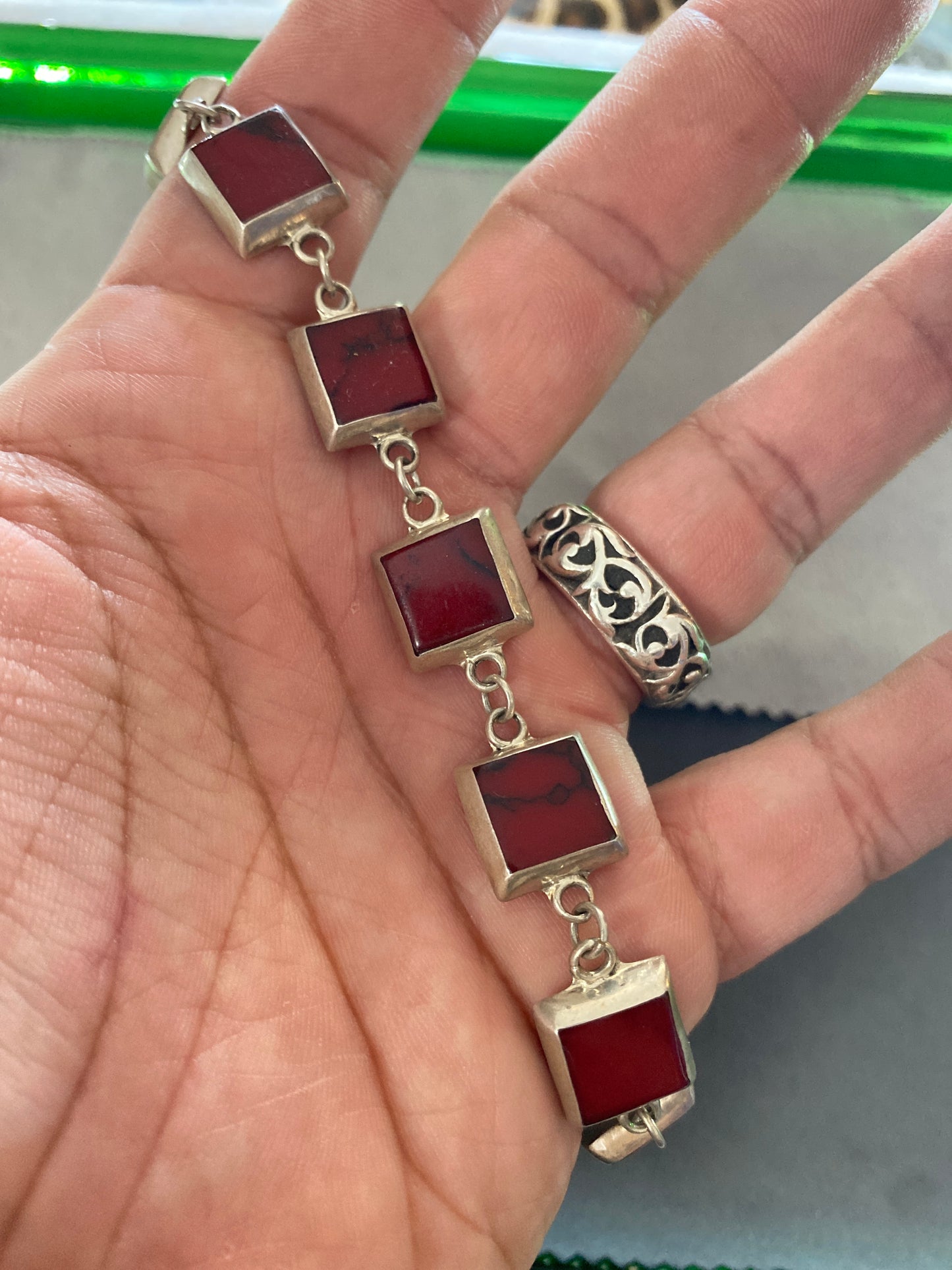 .925 Sterling Silver Coral Square Link Bracelet Sz 7.5”