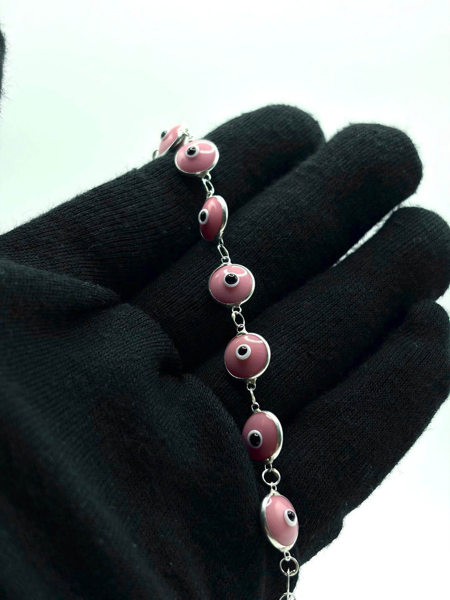 .925 Sterling Silver Evil Eye Bracelet Pink 7in