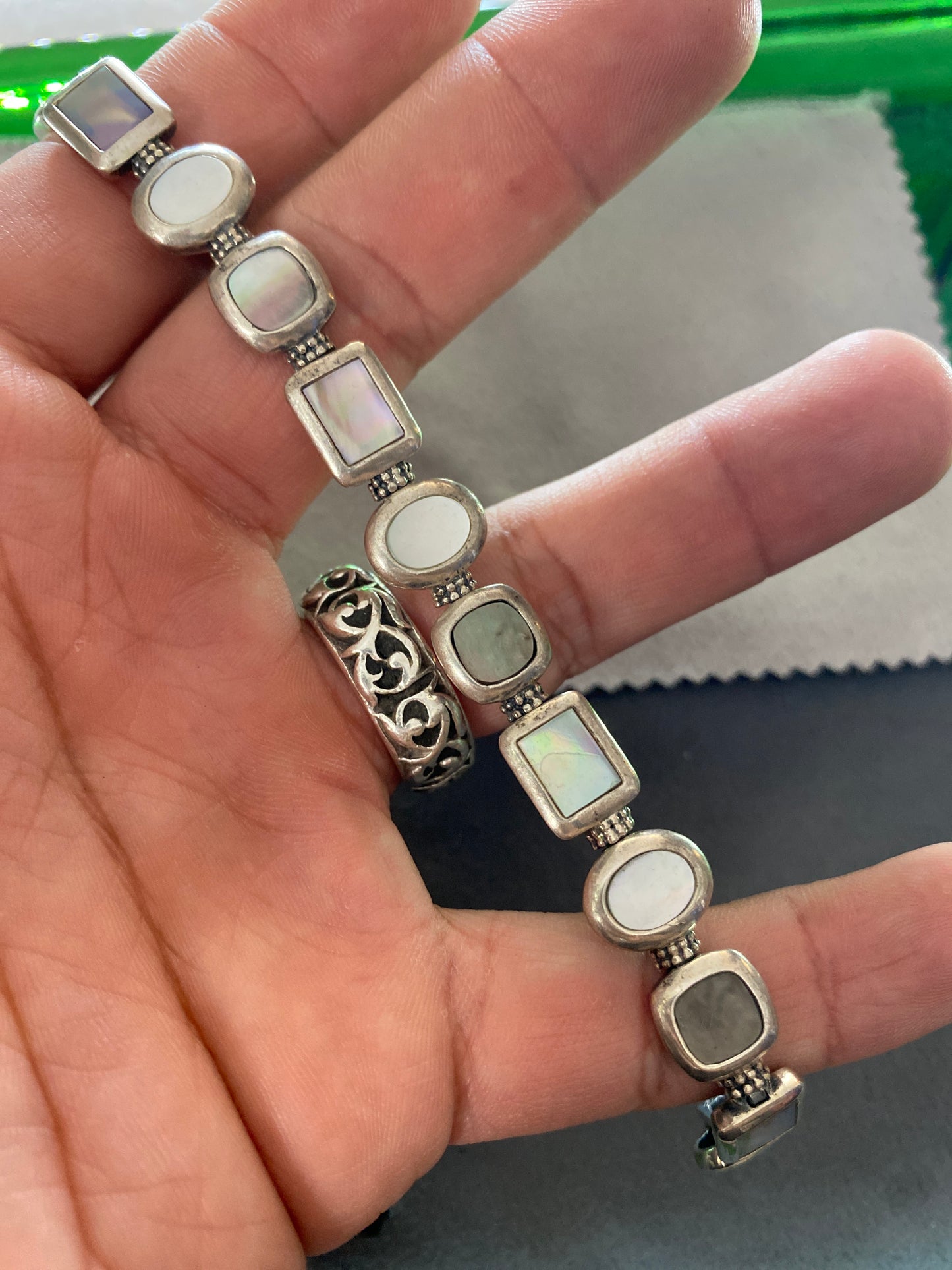 .925 Sterling Silver Opal Square Link Bracelet Sz 7.5”