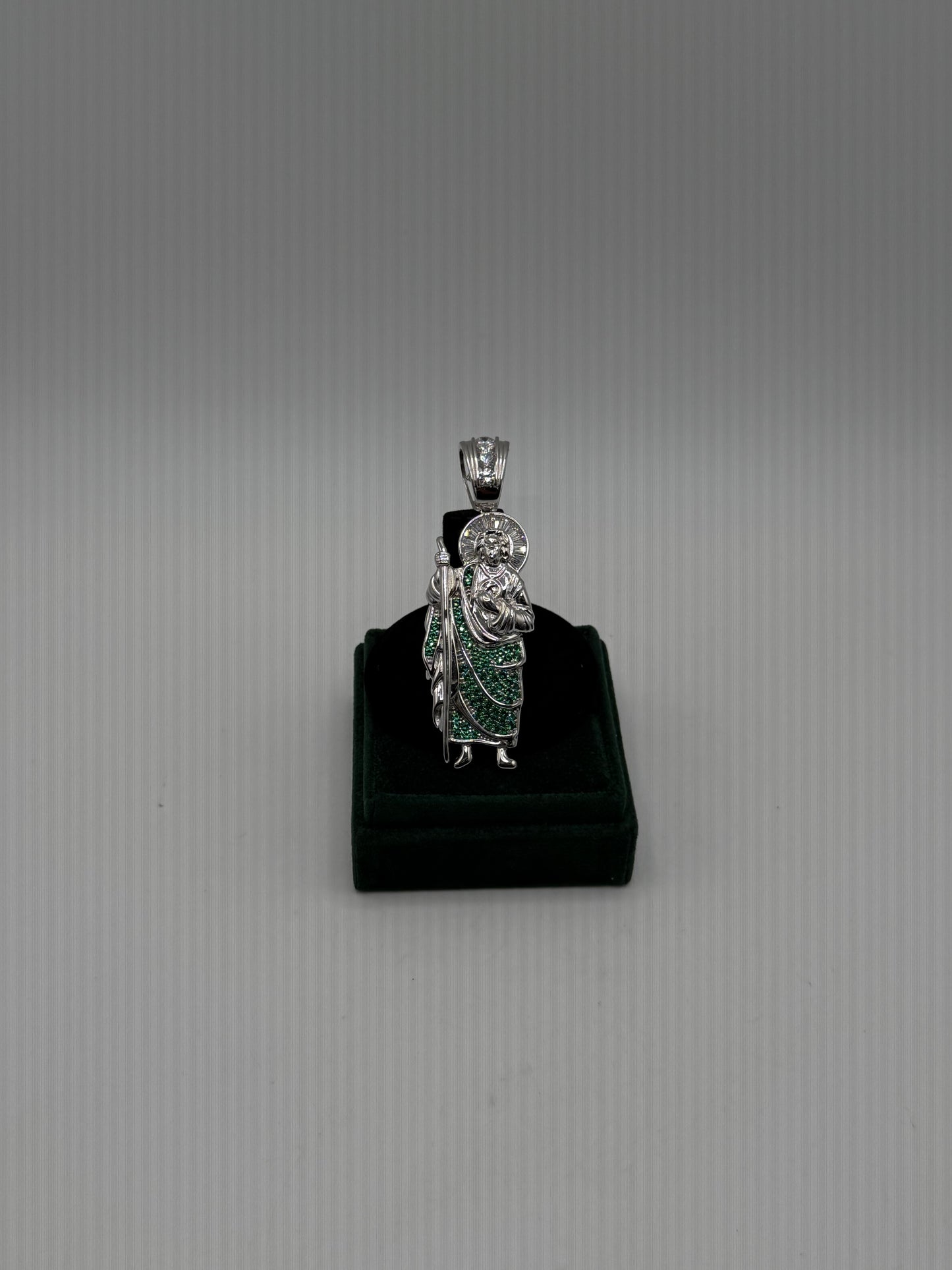 .925 Sterling Silver San Judas CZ Green X-large pendant 3”