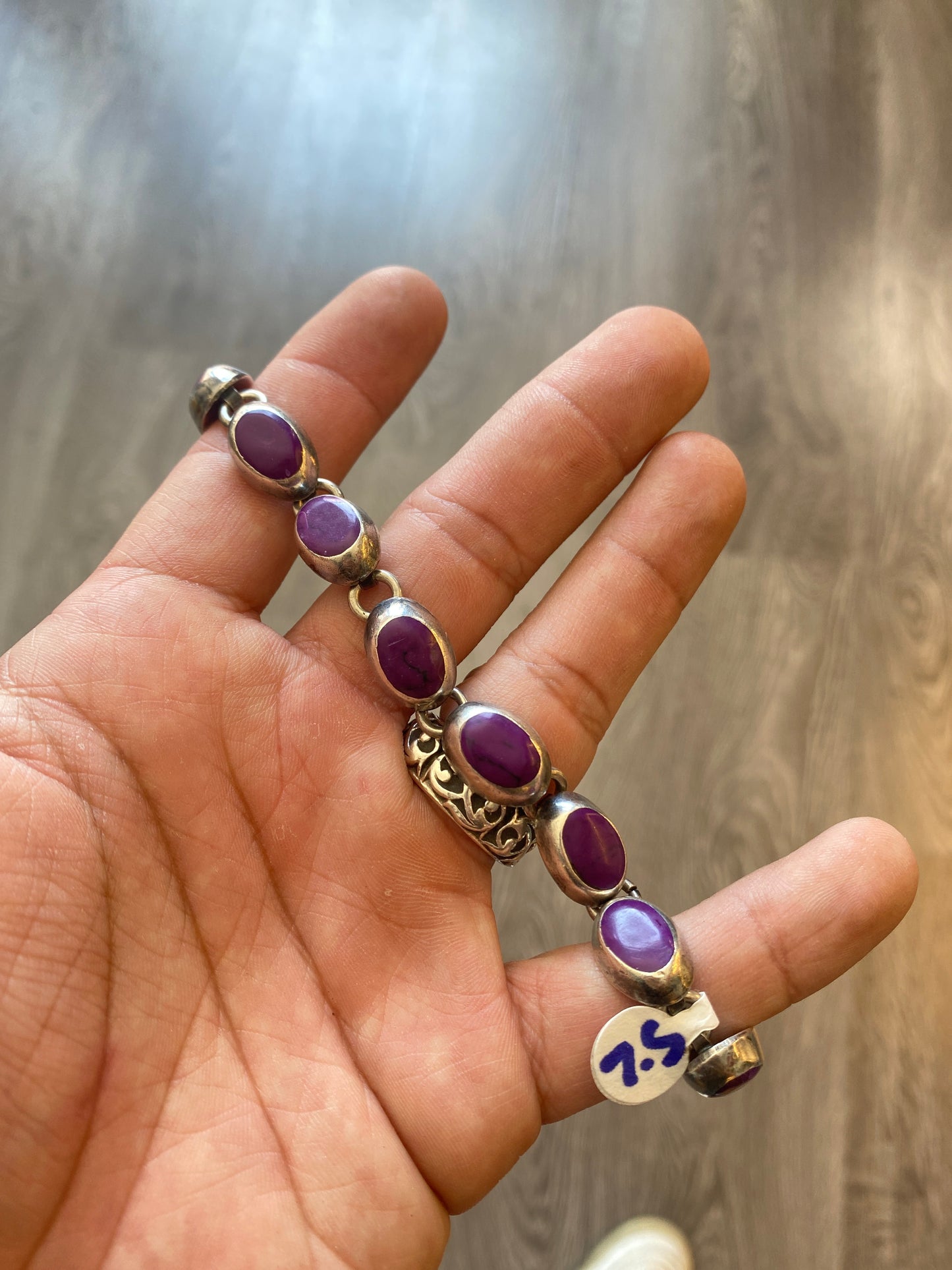 .925 Sterling Silver Purple Gemstone Link Bracelet 7.5