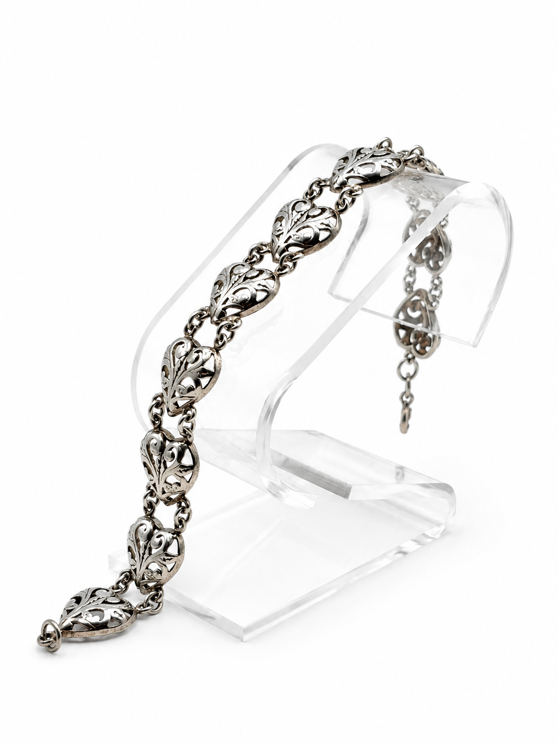 .925 Sterling Silver Filigree Heart Link Bracelet Size 7.5in