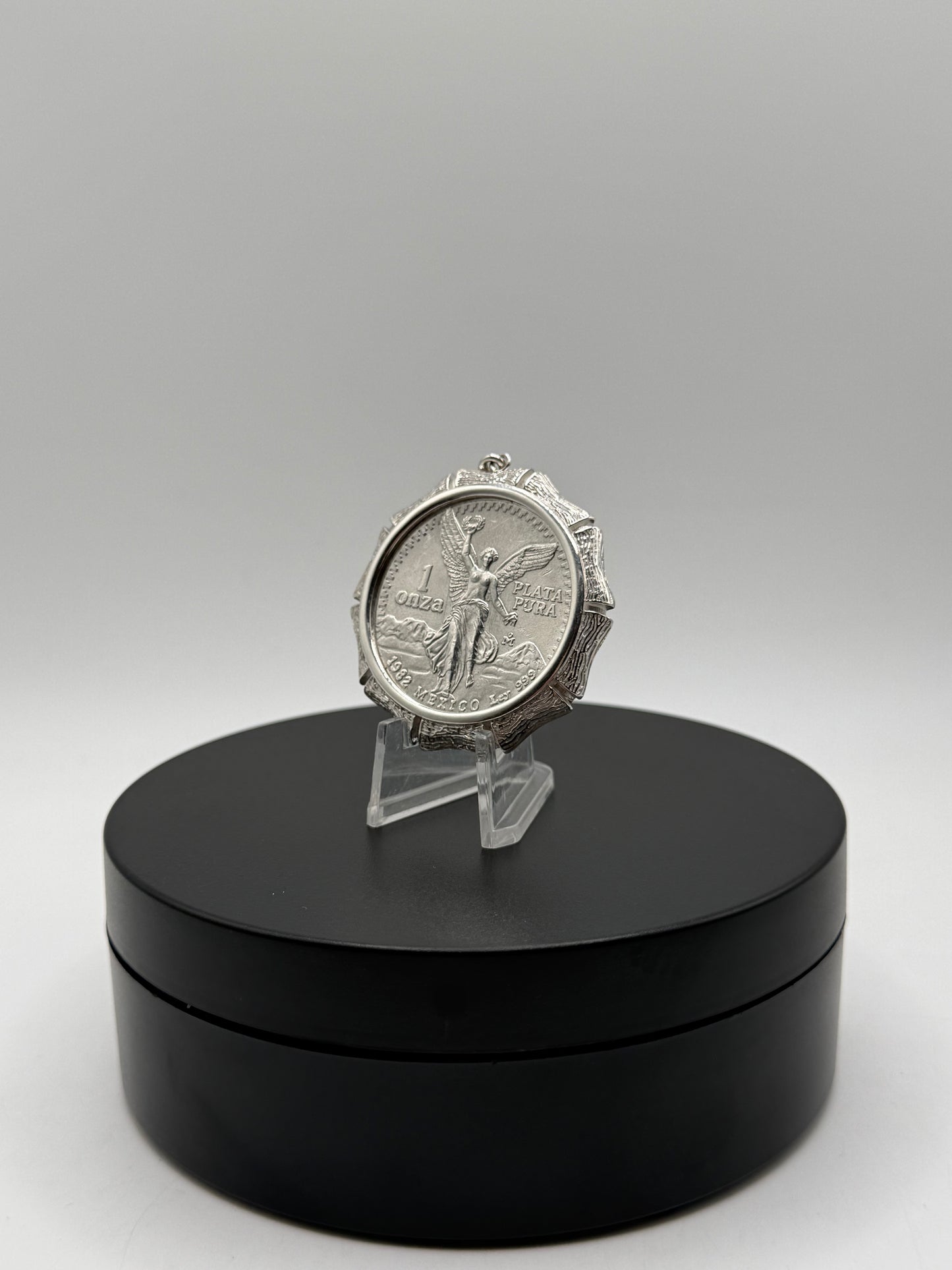 .999 Pure Silver Centenario with Sterling silver bark bezel
